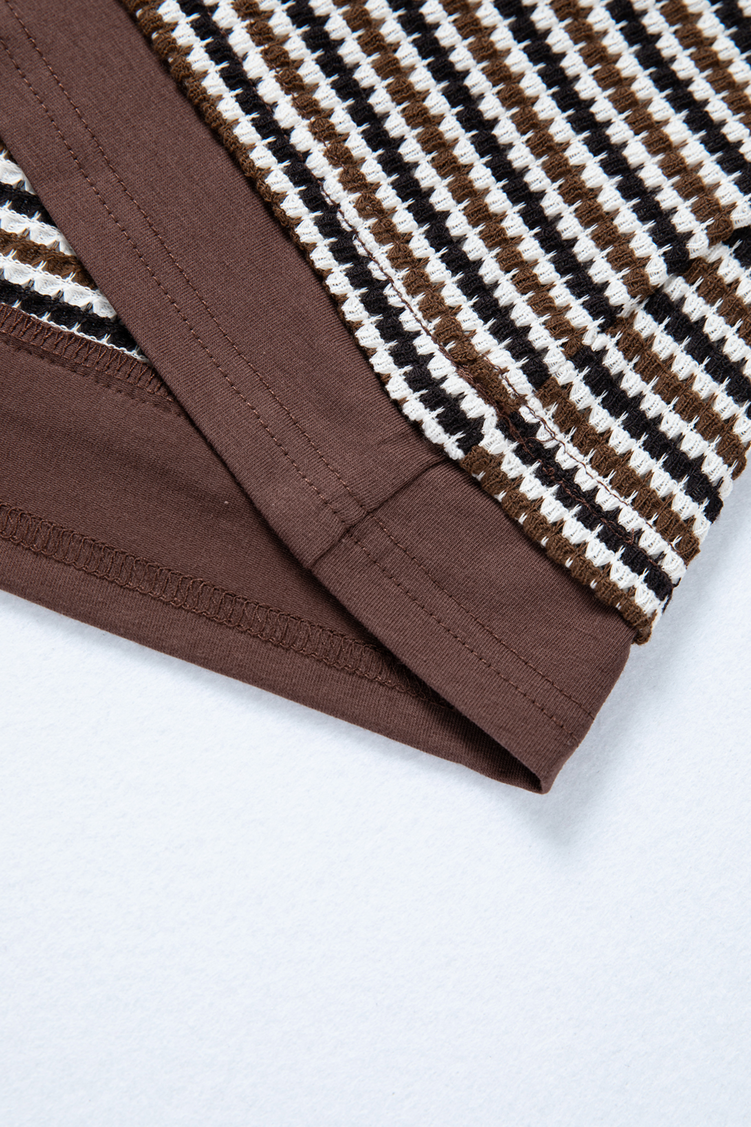 Brown Faux Two Piece Textured Striped Round Neck Long Sleeve T Shirt - loveforevers