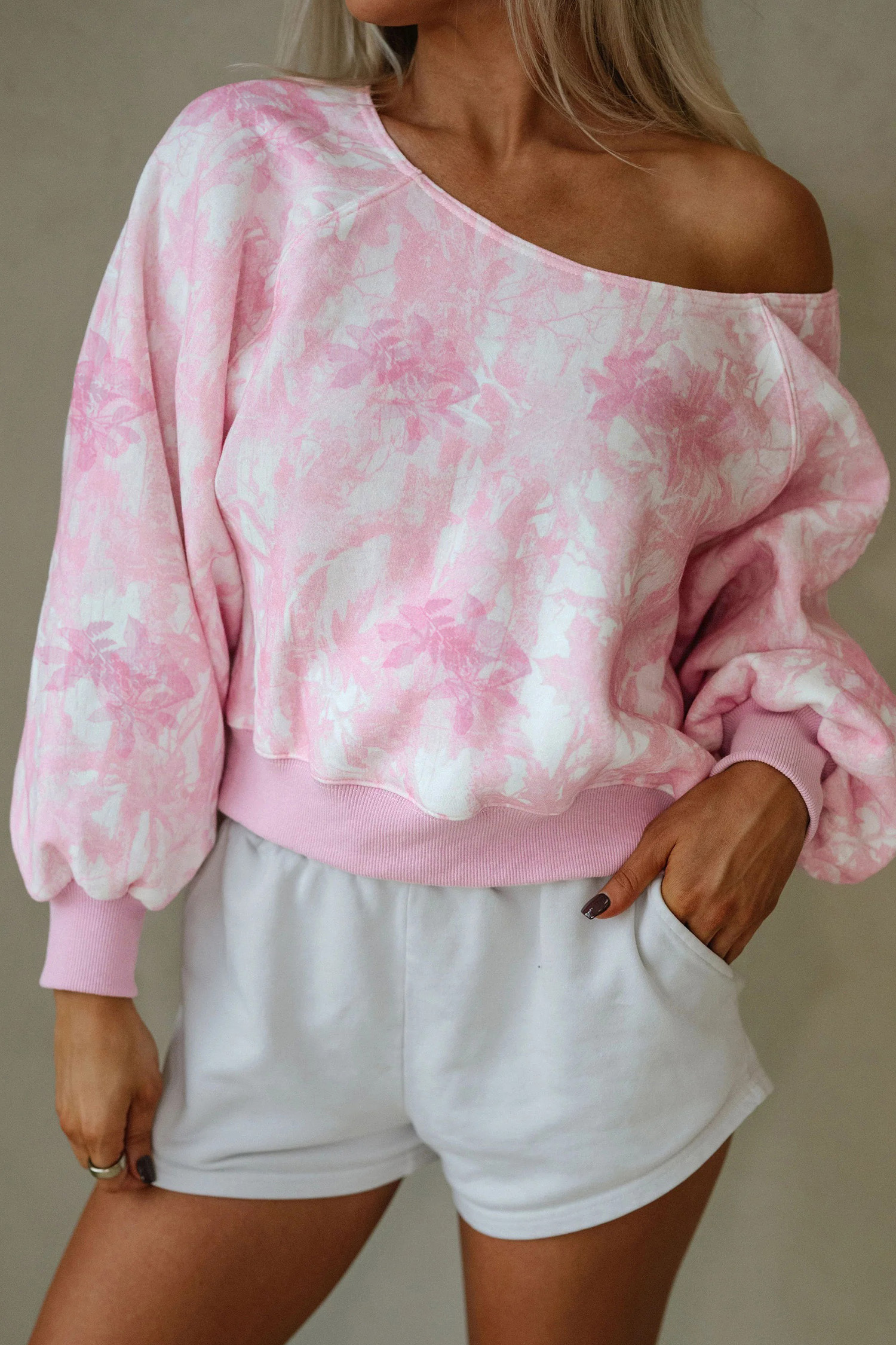 Pink Abstract Woodland Print Asymmetric Shoulder Long Sleeve Top - loveforevers