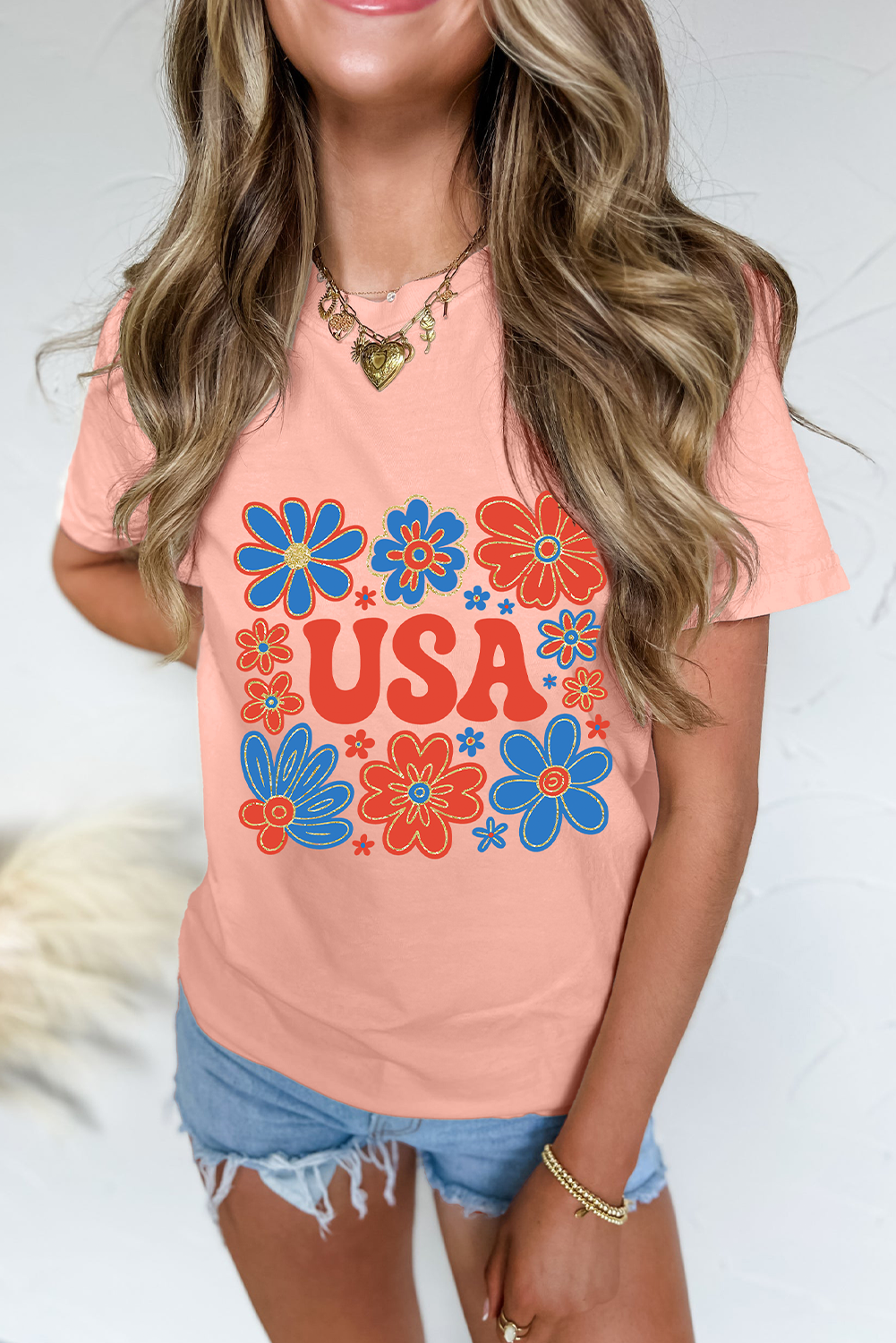 Pink Shimmer Flower USA Letter Printed Casual T Shirt - loveforevers