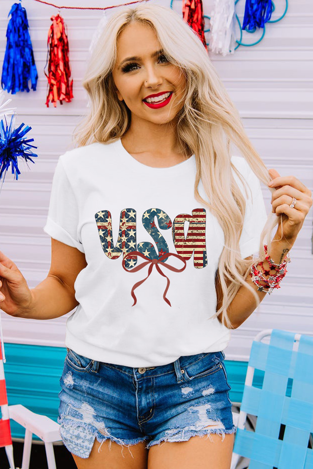 White usa Bow Letter Graphic Independence Day Fashion Tee - loveforevers