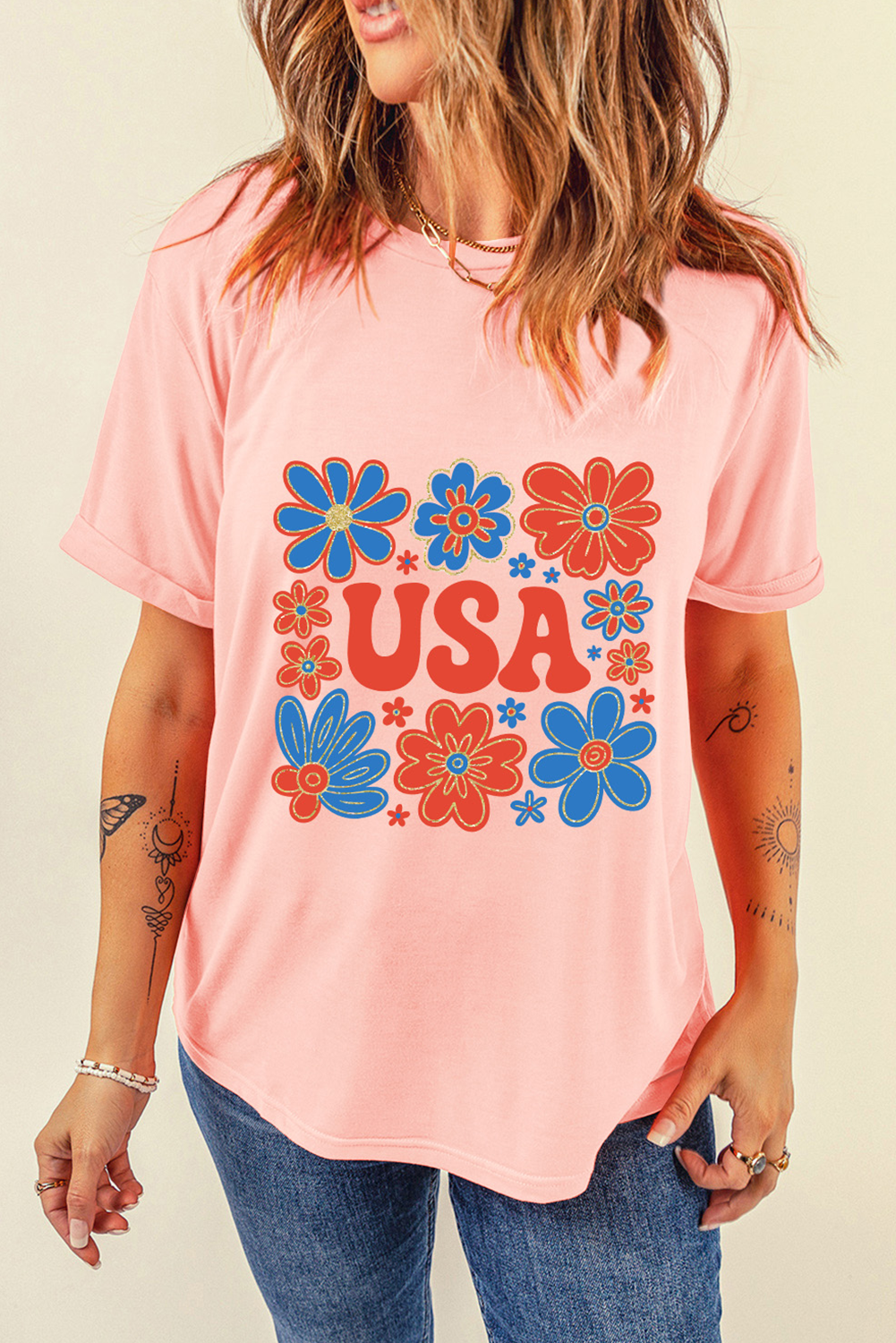 Pink Shimmer Flower USA Letter Printed Casual T Shirt - loveforevers