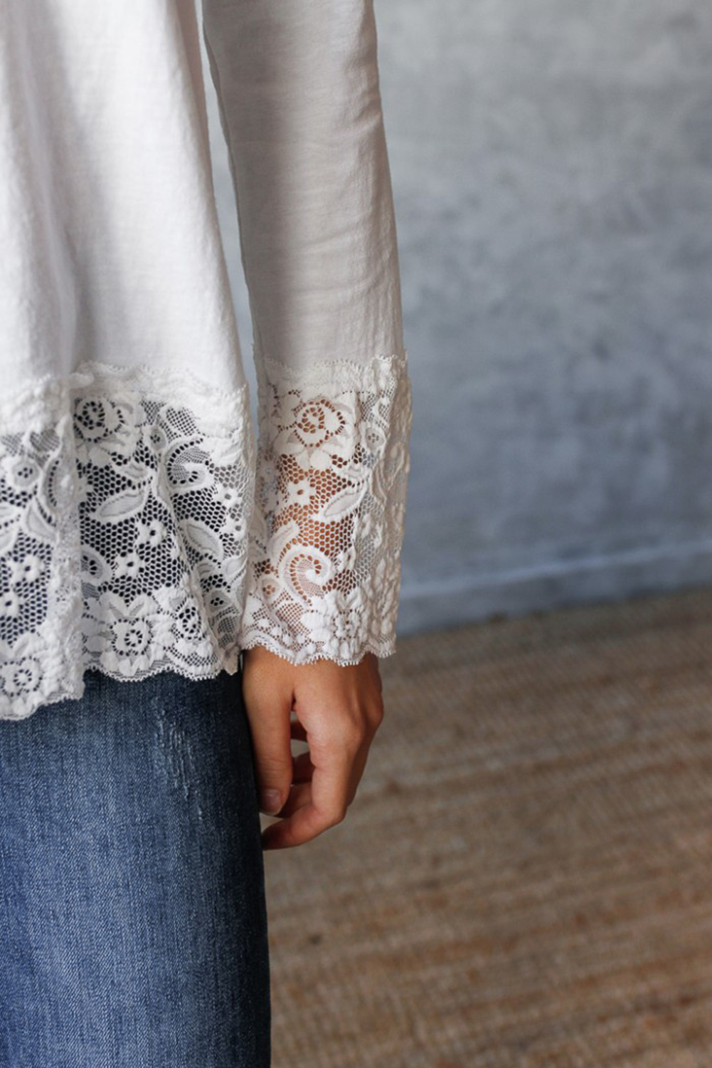 White Lace Trim V Neck Cuffed Long Sleeve Loose Top - loveforevers