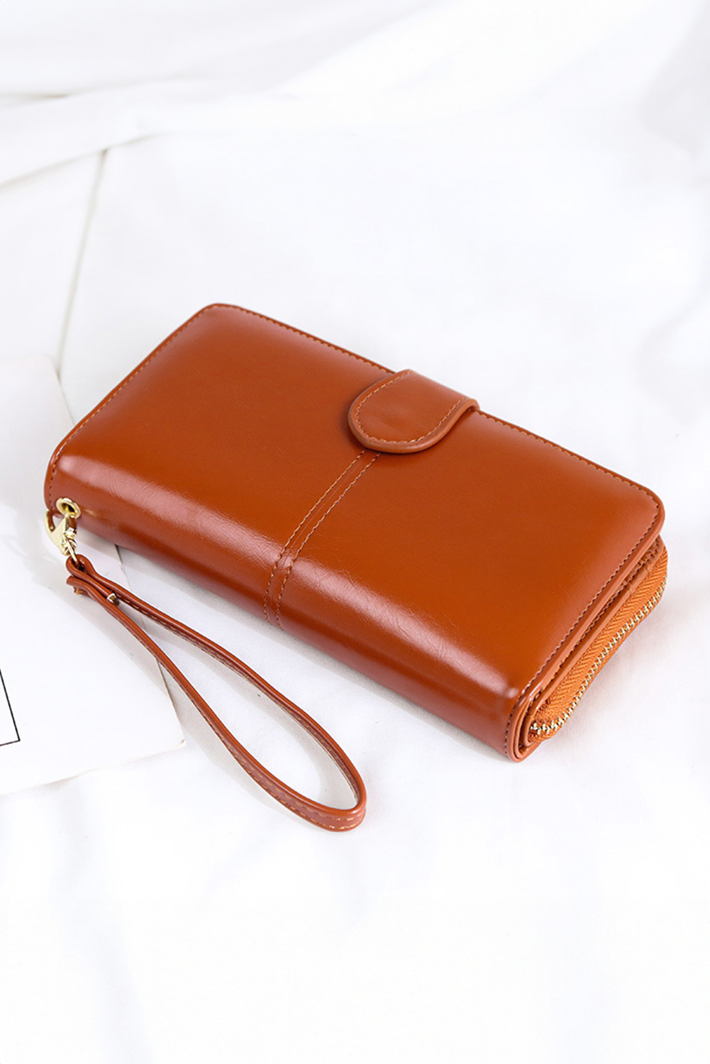 Cinnamon Faux Leather Zip Around Wrist Strap Long Wallet - loveforevers