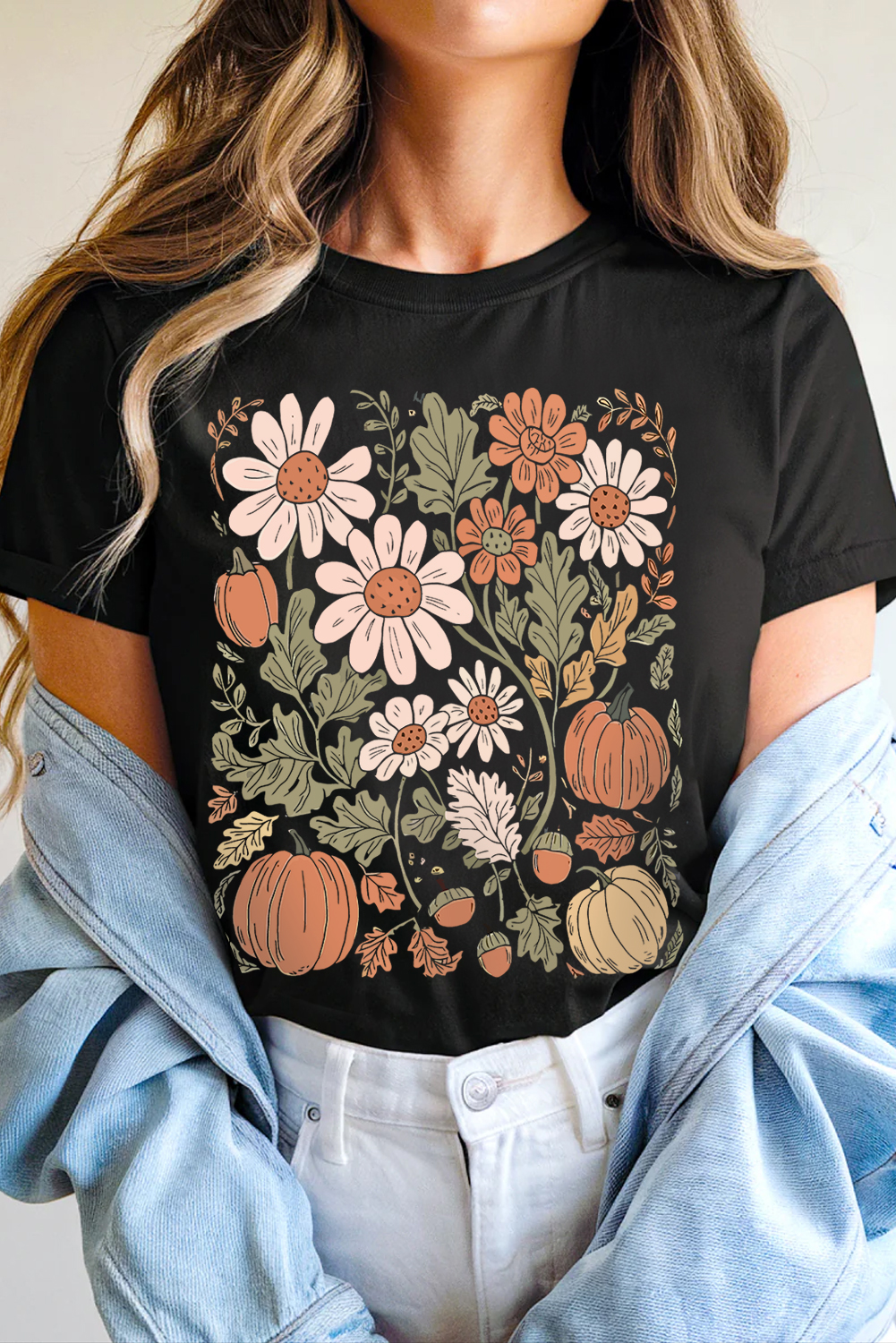 Black Wild Flower Pumpkin Print T Shirt - loveforevers