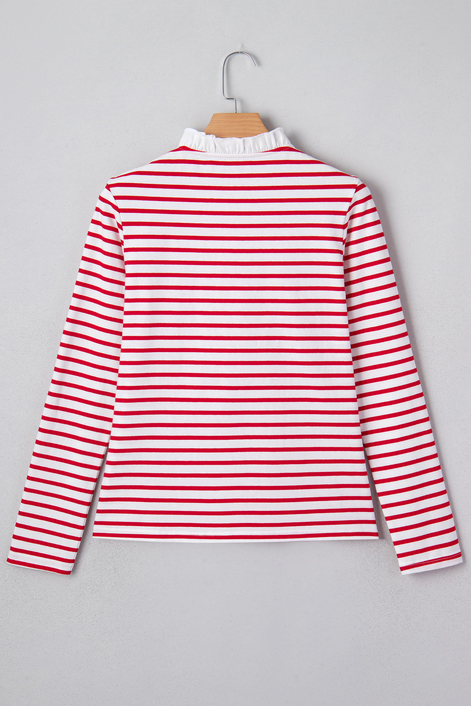 Red Stripe Contrast Frilled Trim Half Button Long Sleeve Top - loveforevers