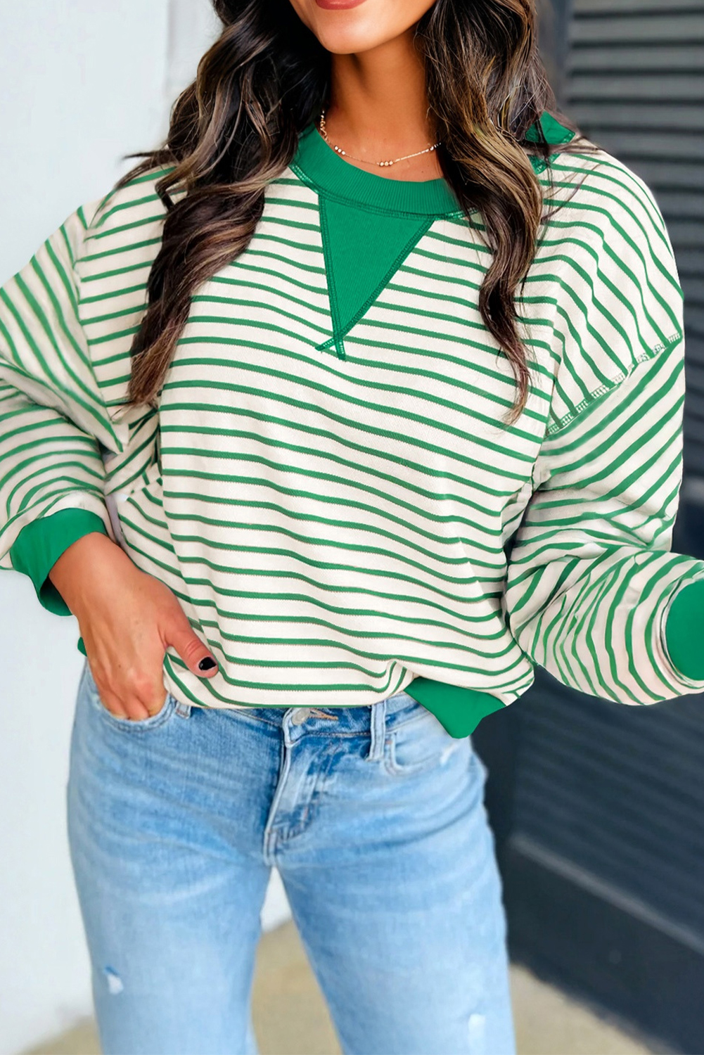 Bright Green Striped Exposed Seam Patchwork Loose Pullover Top - loveforevers