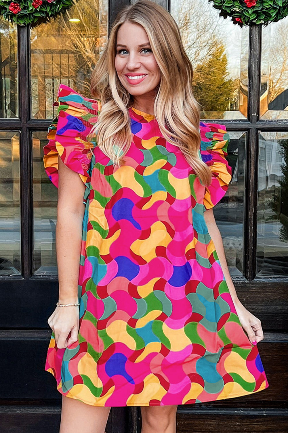 Rose Red Dramatic Ruffle Sleeve Smock Neck Wavy Print Top - loveforevers
