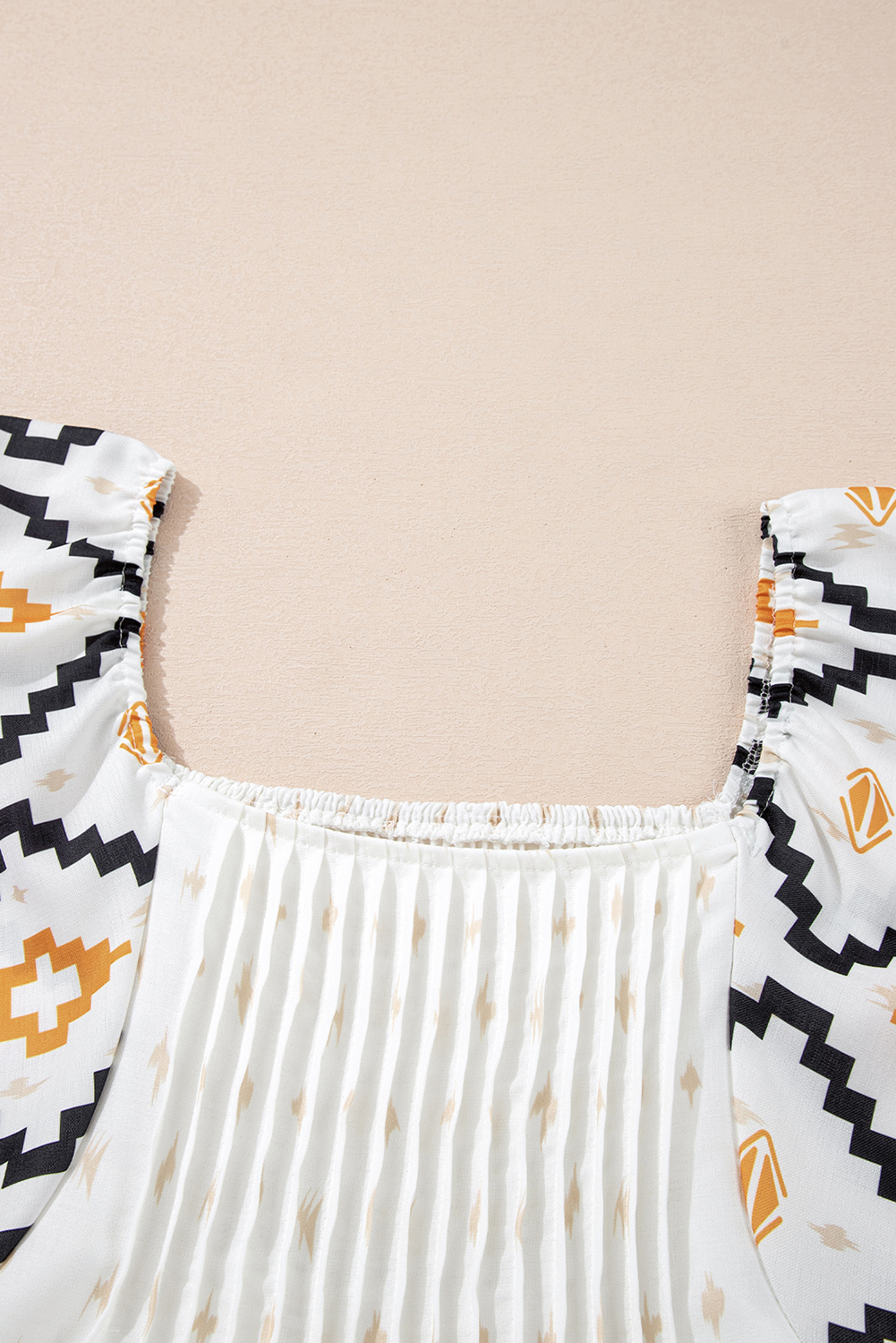 Beige Western Aztec Print Pleated Square Neck Loose Mini Dress - loveforevers