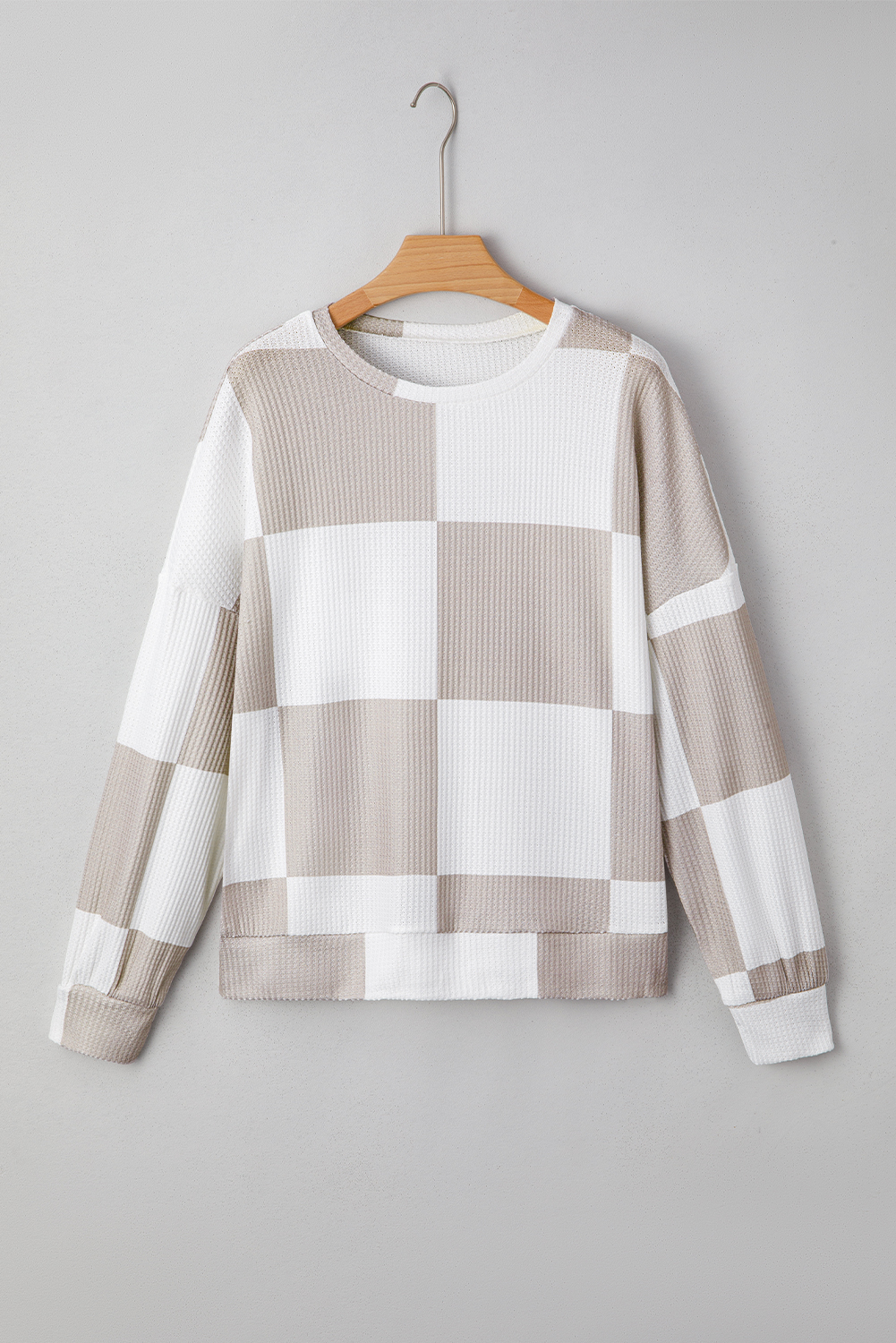 Khaki Checkered Print Breathable Textured Long Sleeve Top - loveforevers