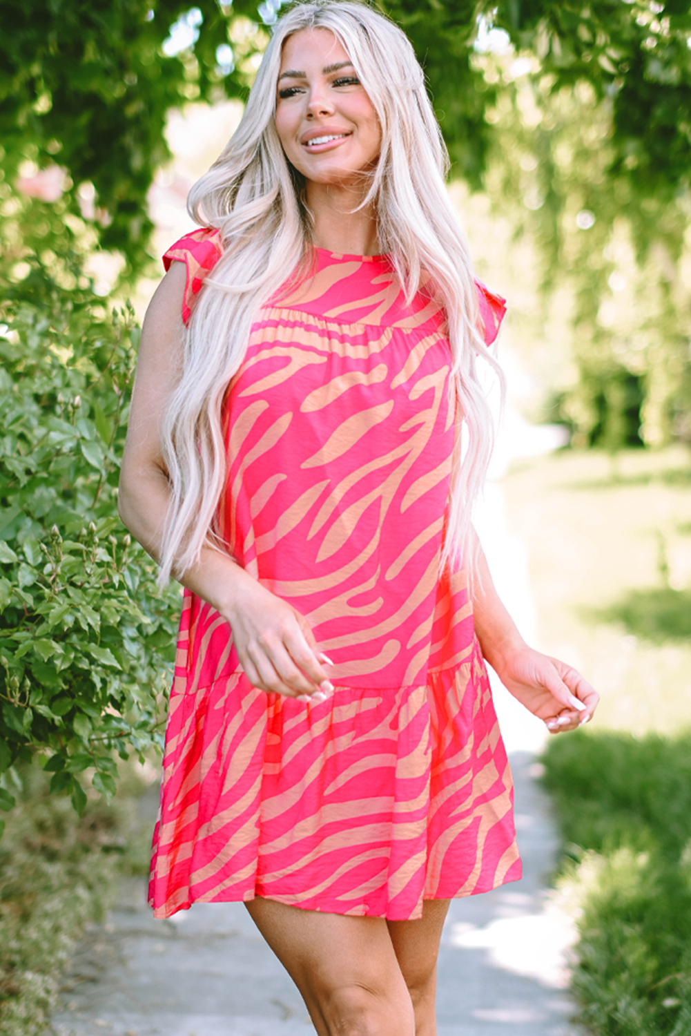 Pink Zebra Stripe Printed Ruffle Trim Pocketed Dress - loveforevers