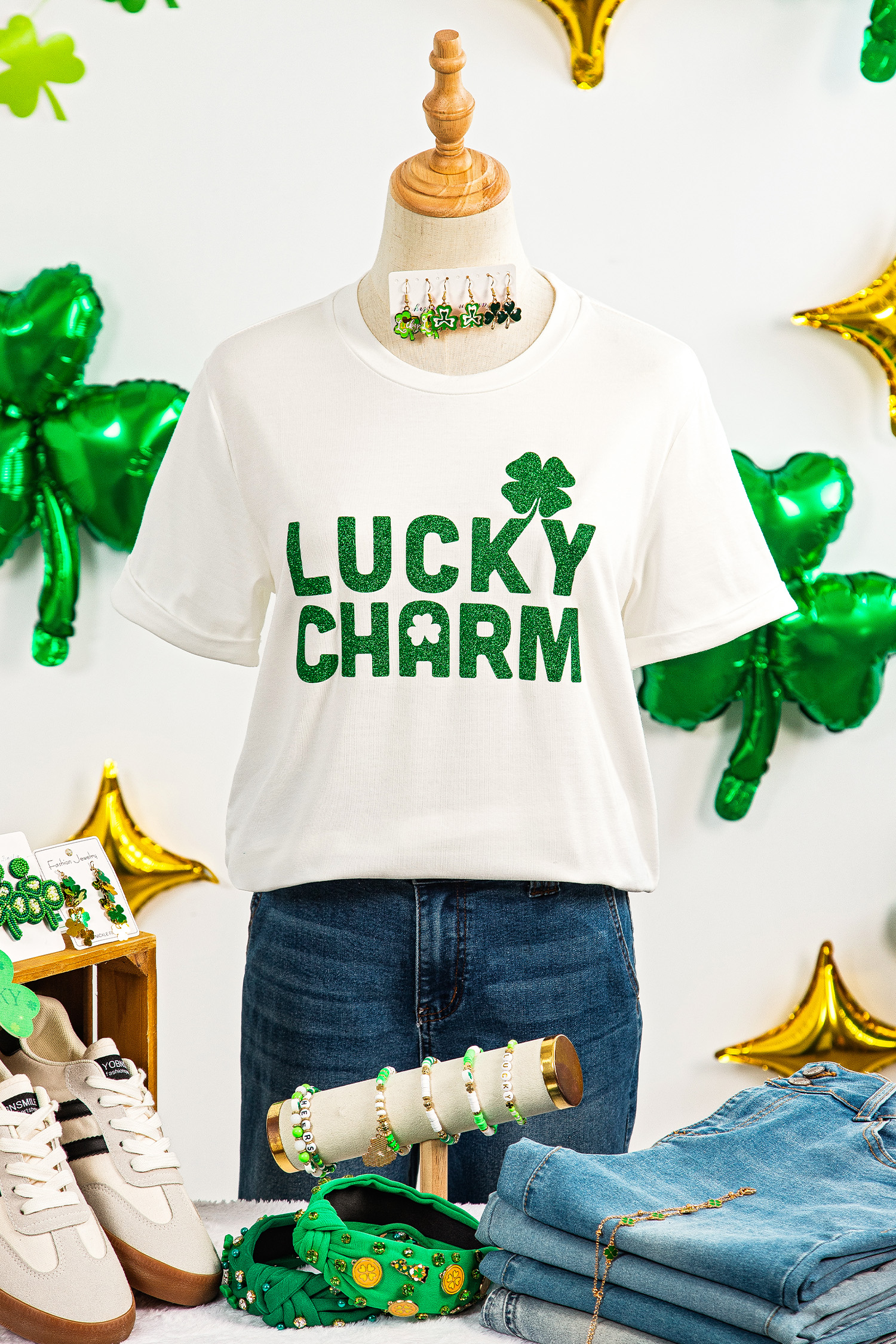 White LUCKY CHARM Shimmery Print St Patricks Day Clover T Shirt - loveforevers