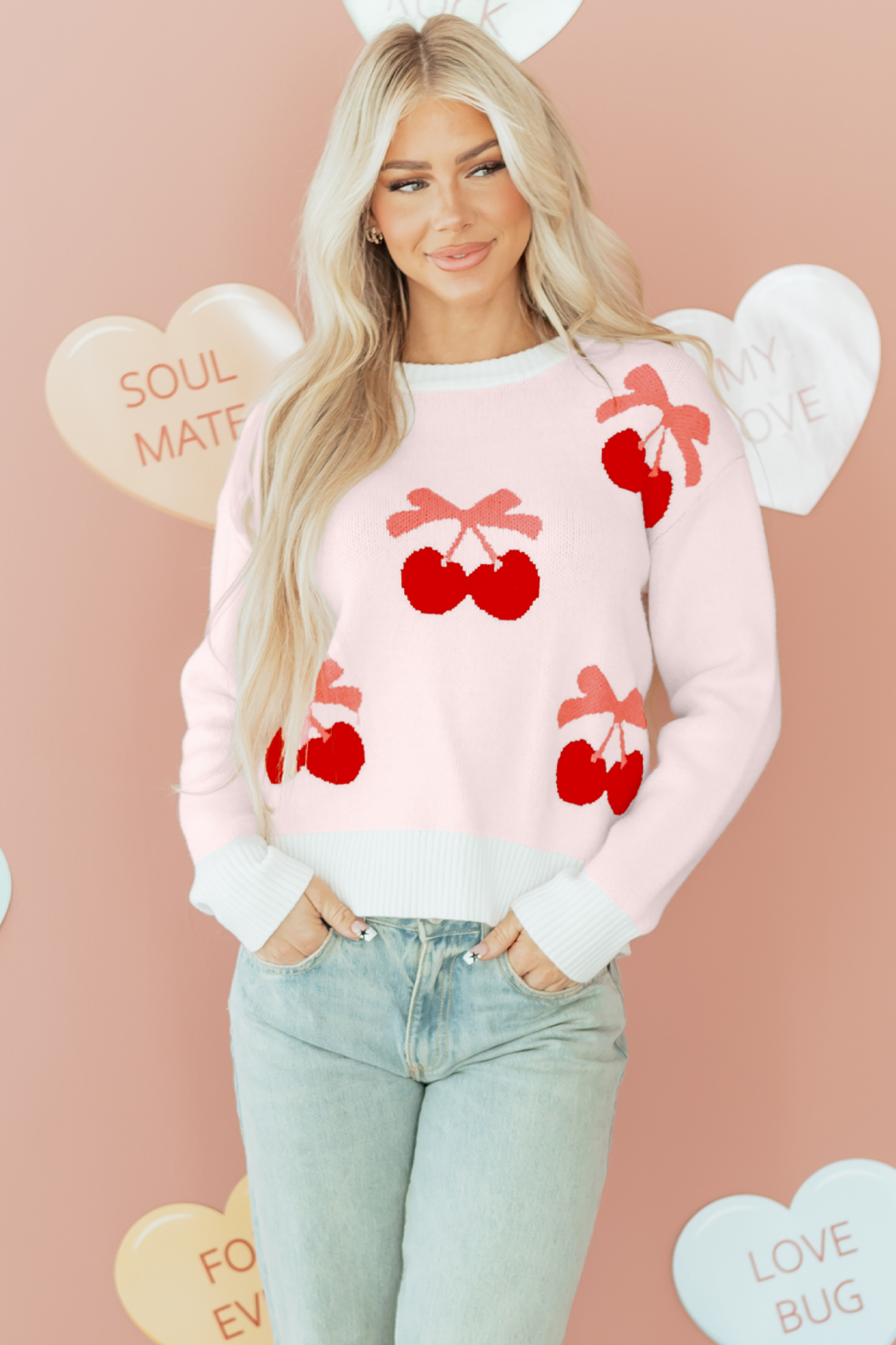 White Cherry Pattern Drop Shoulder Sweater - loveforevers
