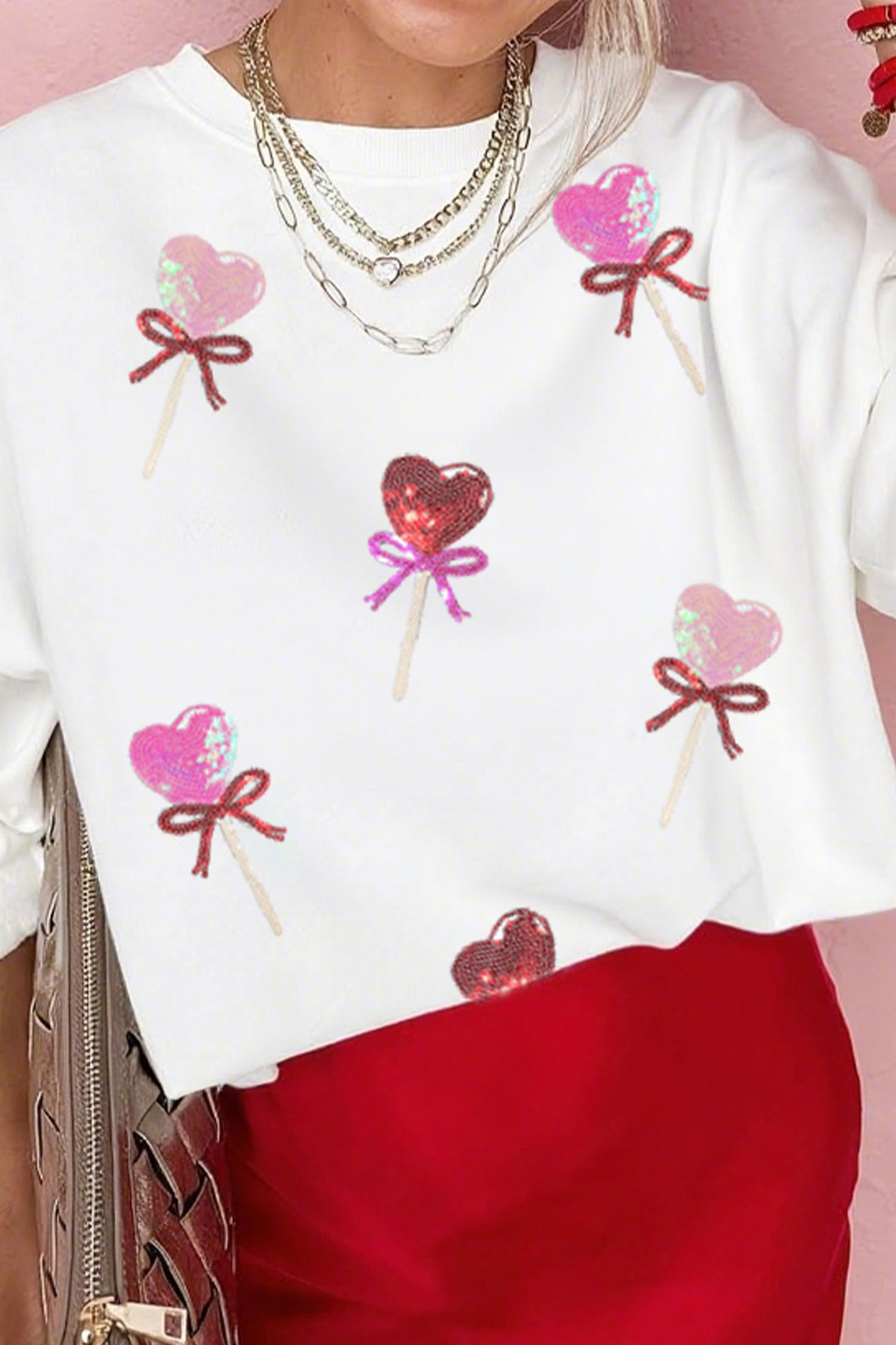 White Sequin Bow Heart Shape Lolly Valentines Day Graphic Sweatshirt - loveforevers