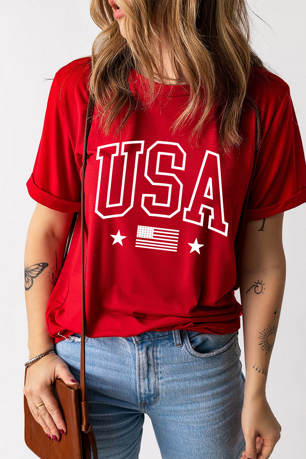 Red USA American Flag Print Crewneck T Shirt - loveforevers