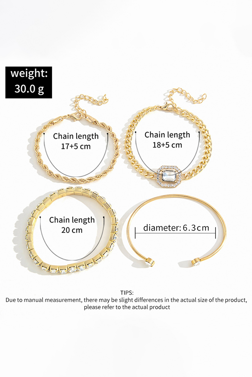 Gold 4pcs Diamond Chained Braided Bangle Bracelet Set - loveforevers