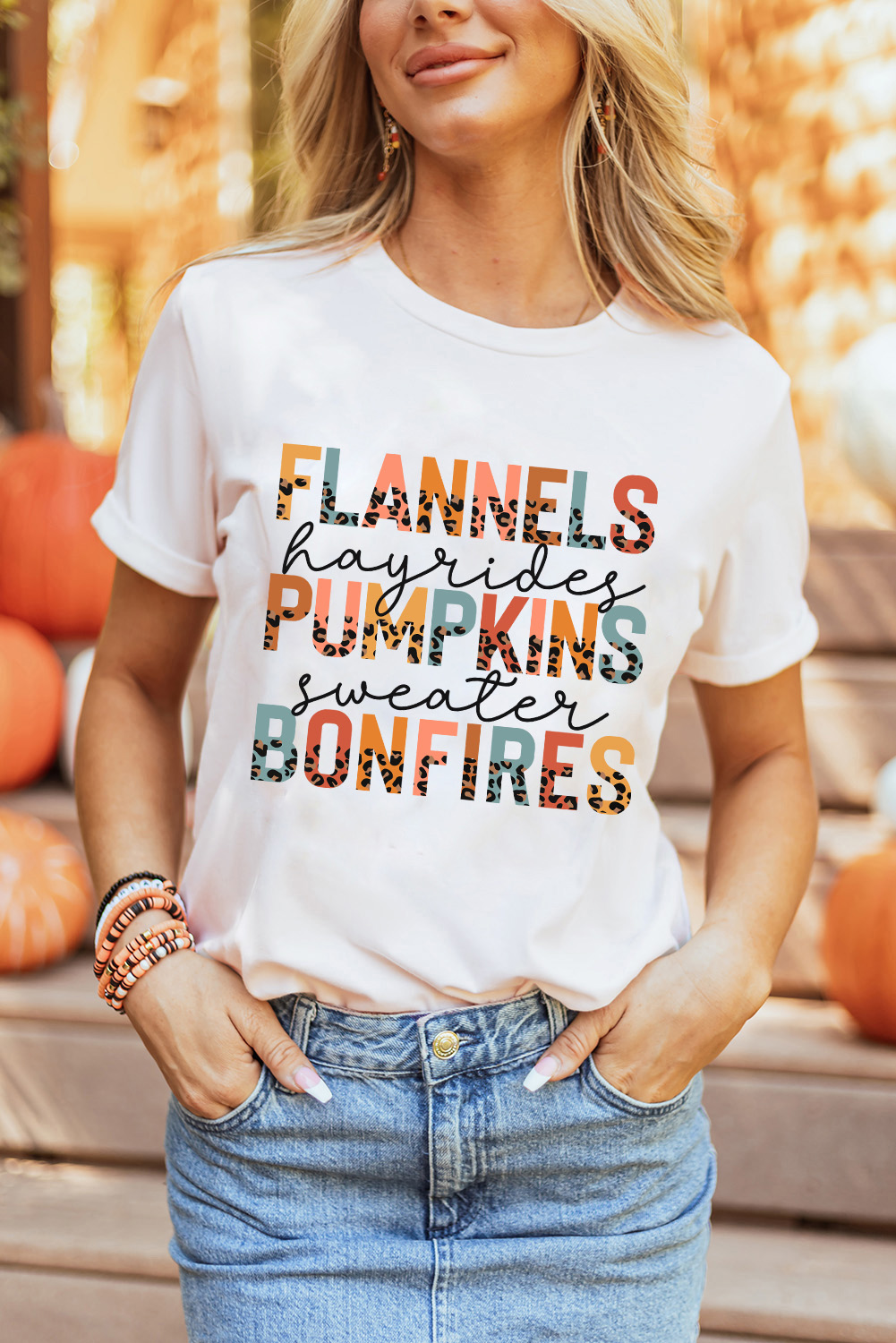 White FLANNELS PUMPKINS BONFIRES Chic Letter Graphic Tee - loveforevers