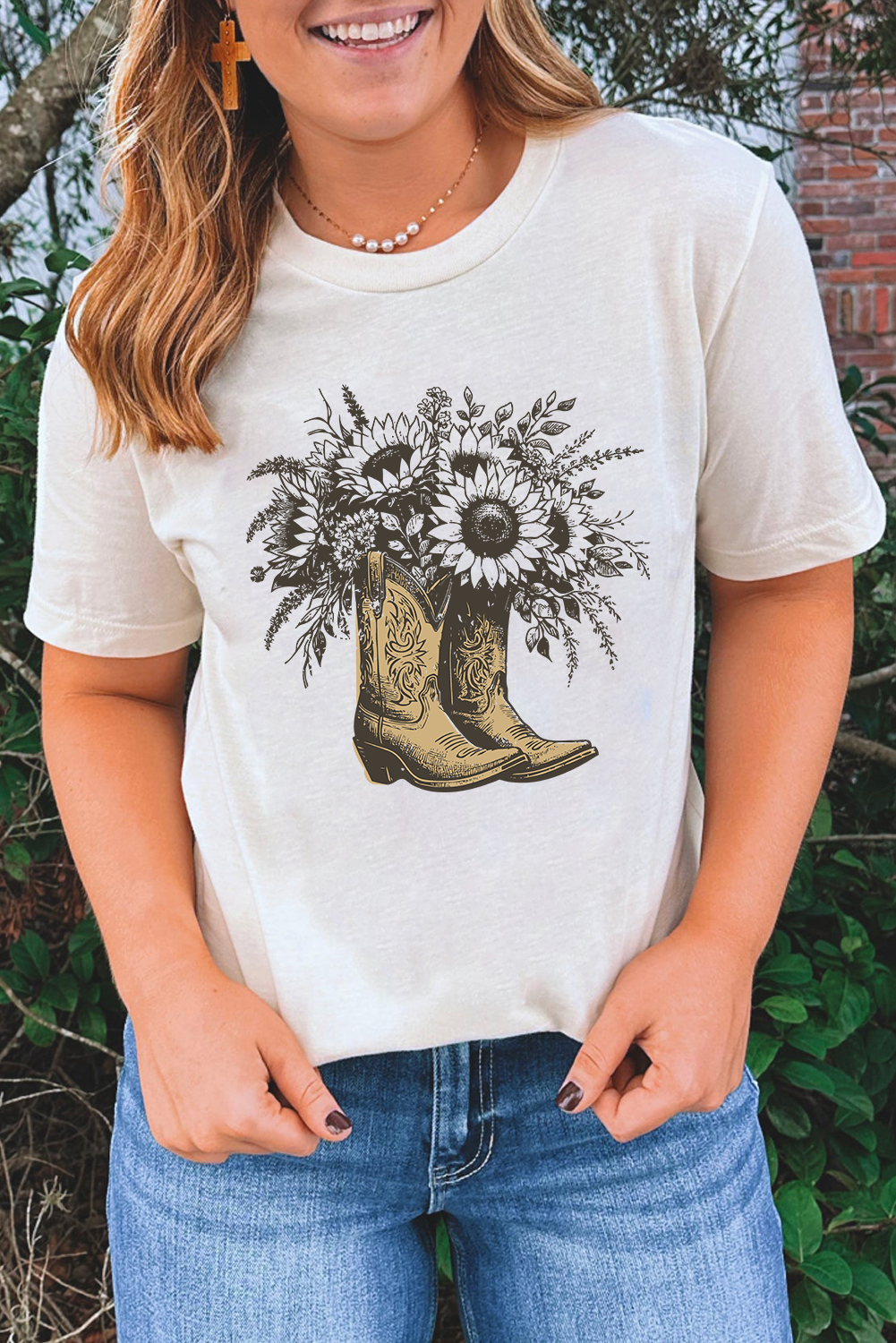 White Sunflower Cowgirl Boots Cotton Blend Graphic Tee - loveforevers