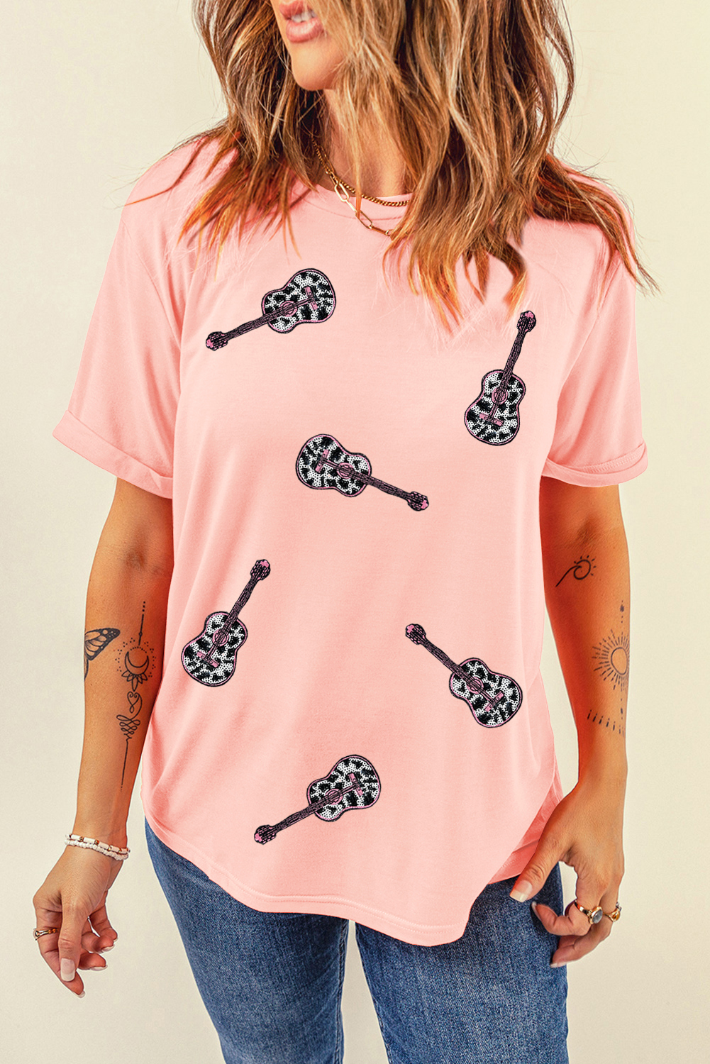 Pink Leopard Guitar Sequin Patch Crew Neck Tee - loveforevers