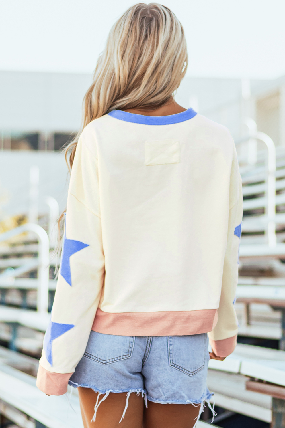 Beige Game Day Graphic Starry Patched Sleeve Contrast Trim Casual Sweatshirt - loveforevers