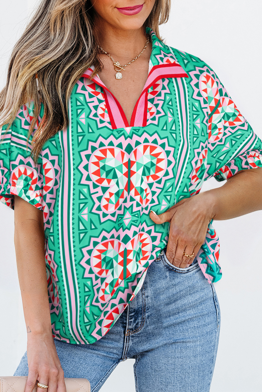 Sea Green Boho Abstract Print Contrast Striped Collared V Neck Blouse - loveforevers