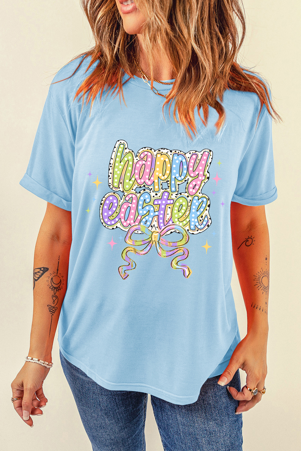 Light Blue happy easter Bowknot Printed Crewneck T Shirt - loveforevers