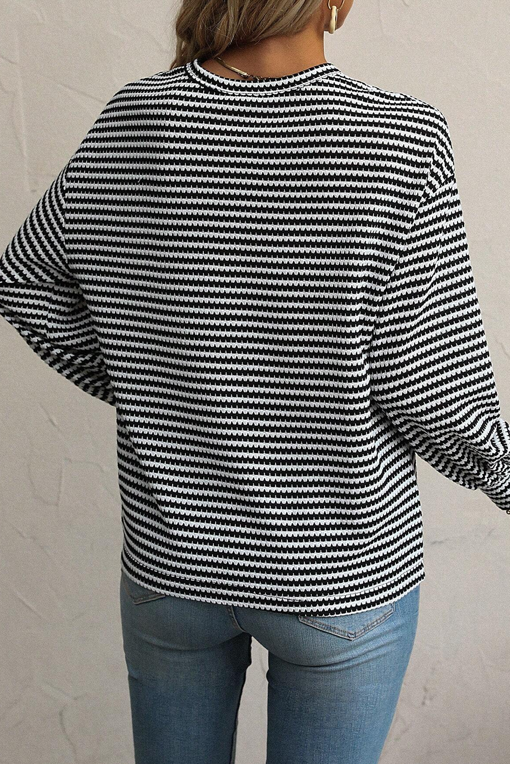 Black Stripe Round Neck Drop Shoulder Long Sleeve Top - loveforevers