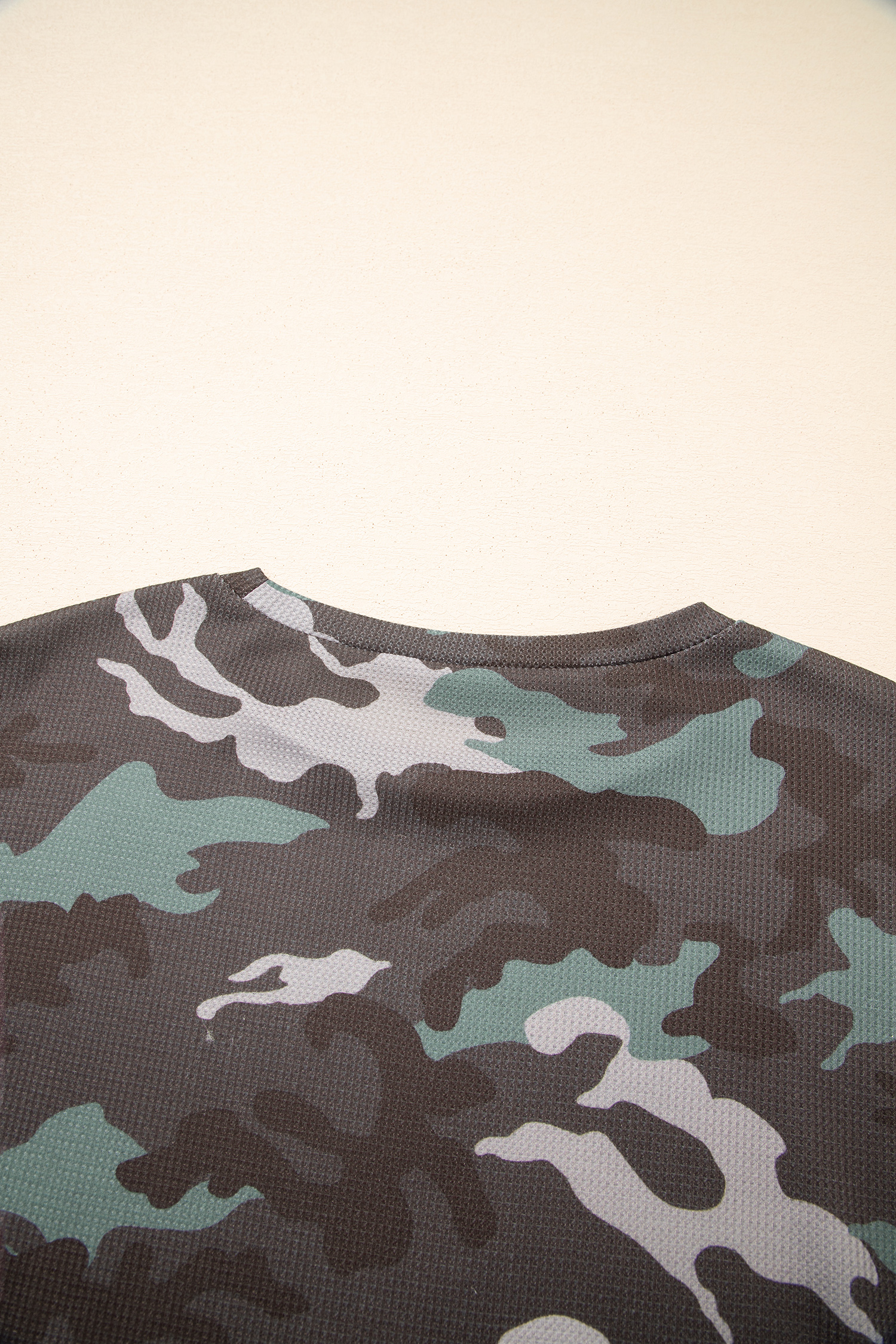 Green Camouflage Print Textured Drop Shoulder Long Sleeve Top - loveforevers
