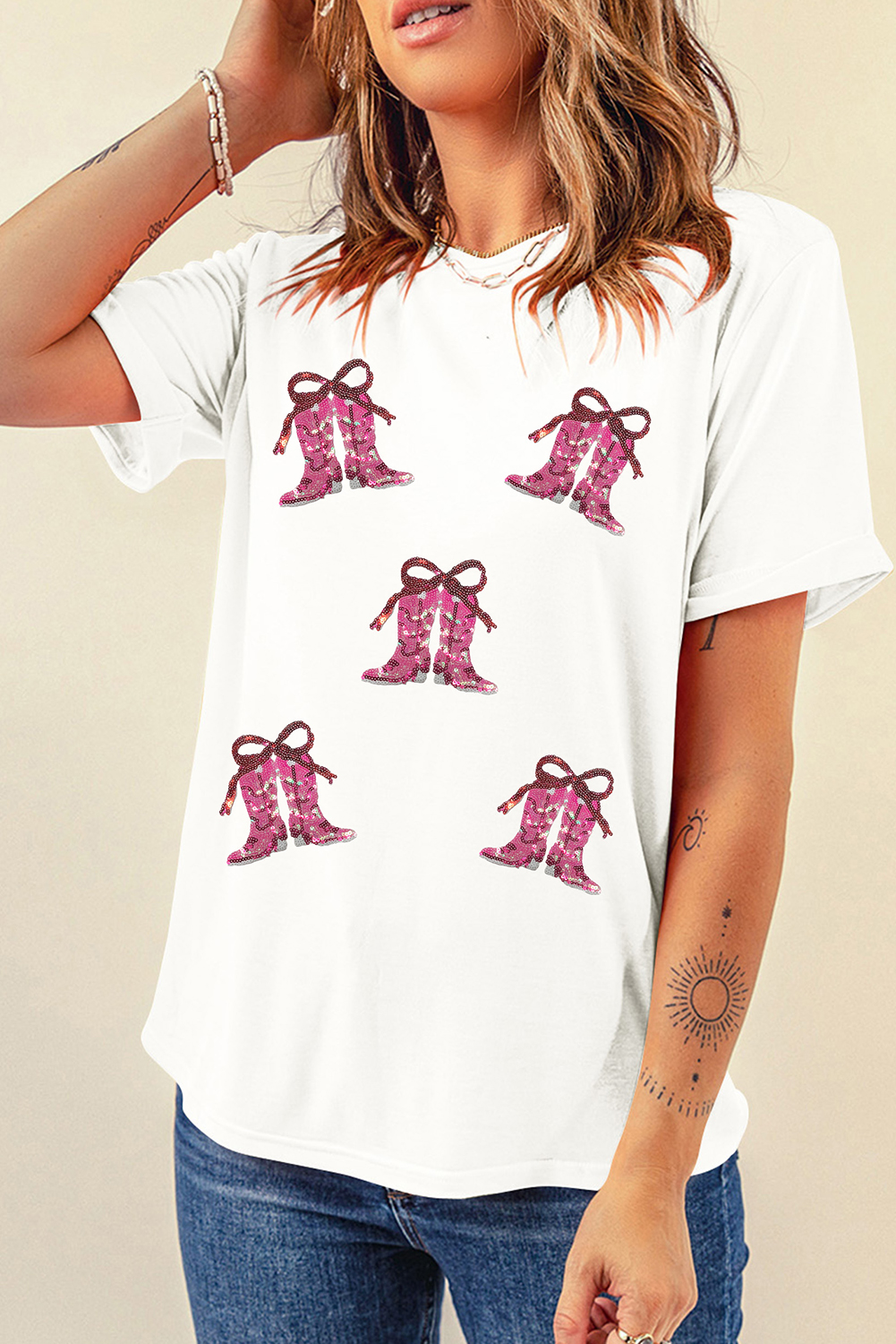 White Sequined Cowgirl Boots Patched Custom Print T Shirt - loveforevers