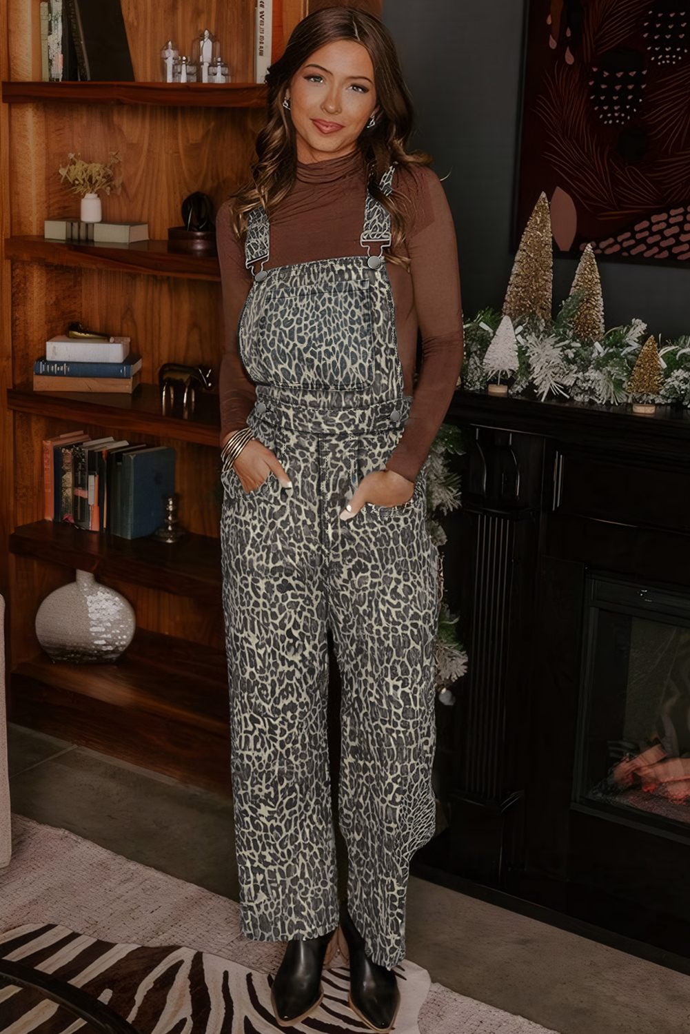 Brown  Leopard Print Straight Leg Loose Denim Overall Jumpsuit - loveforevers