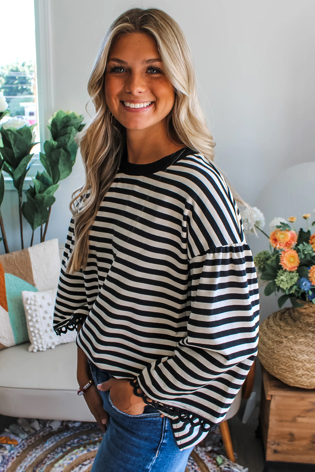 Racing Red Striped Print Drop Shoulder Lace Trim Bracelet Sleeve Loose Top - loveforevers