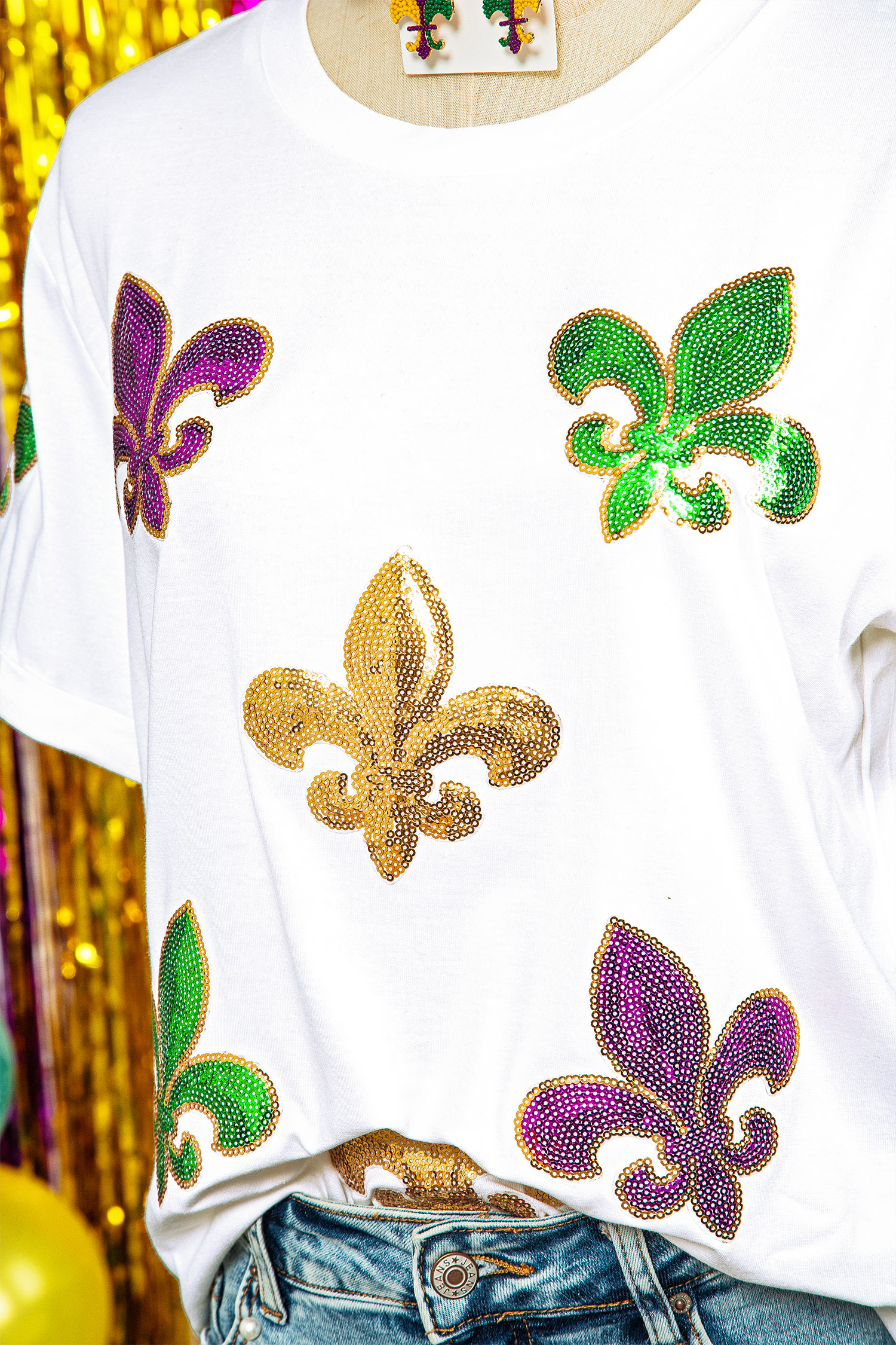 White Mardi Gras Fleur De Lis Sequin Graphic T Shirt - loveforevers