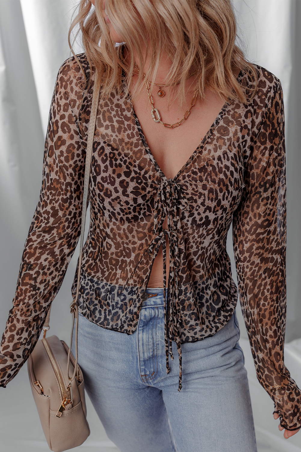 Multicolour Leopard Sheer Mesh Long Sleeve V Neck Lace-up Blouse - loveforevers