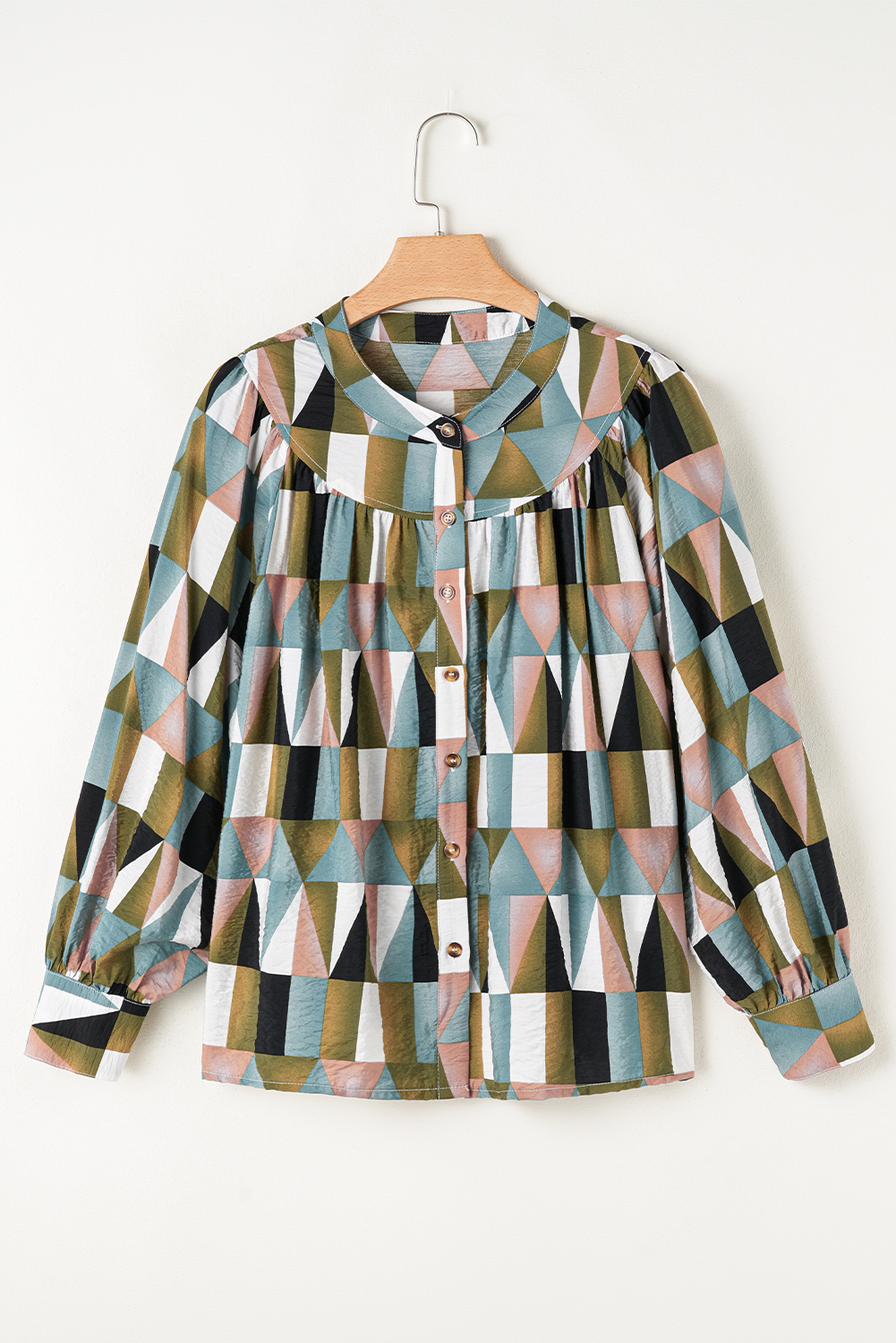 Green Geometric Print Buttoned Balloon Sleeve Loose Fit Shirt - loveforevers