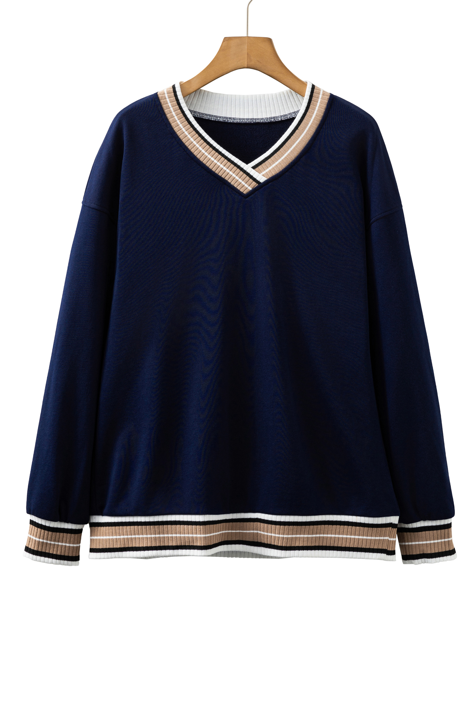 Gray Varsity Contrast Striped Trim V Neck Sweatshirt - loveforevers