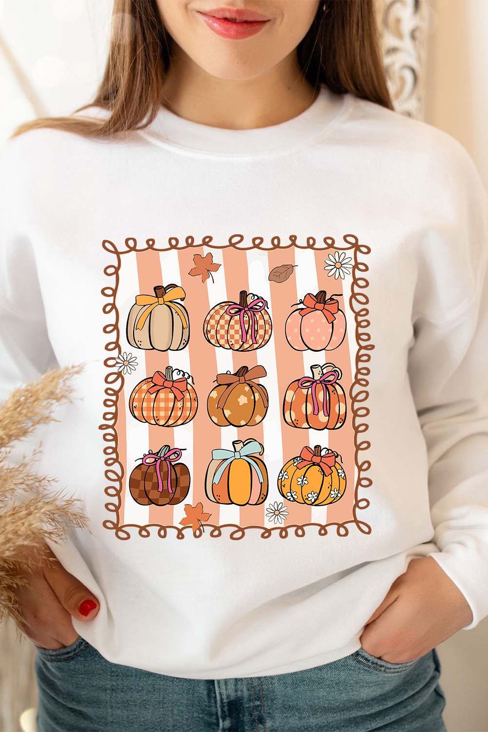 White Fall Bow Pumpkin PNG Sublimation Graphic Sweatshirt - loveforevers