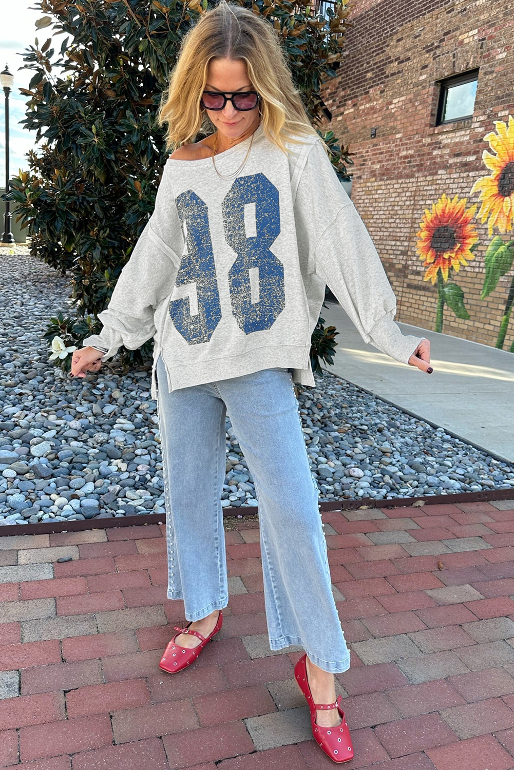 Light Grey Faded Varsity Print Loose Pullover Top - loveforevers