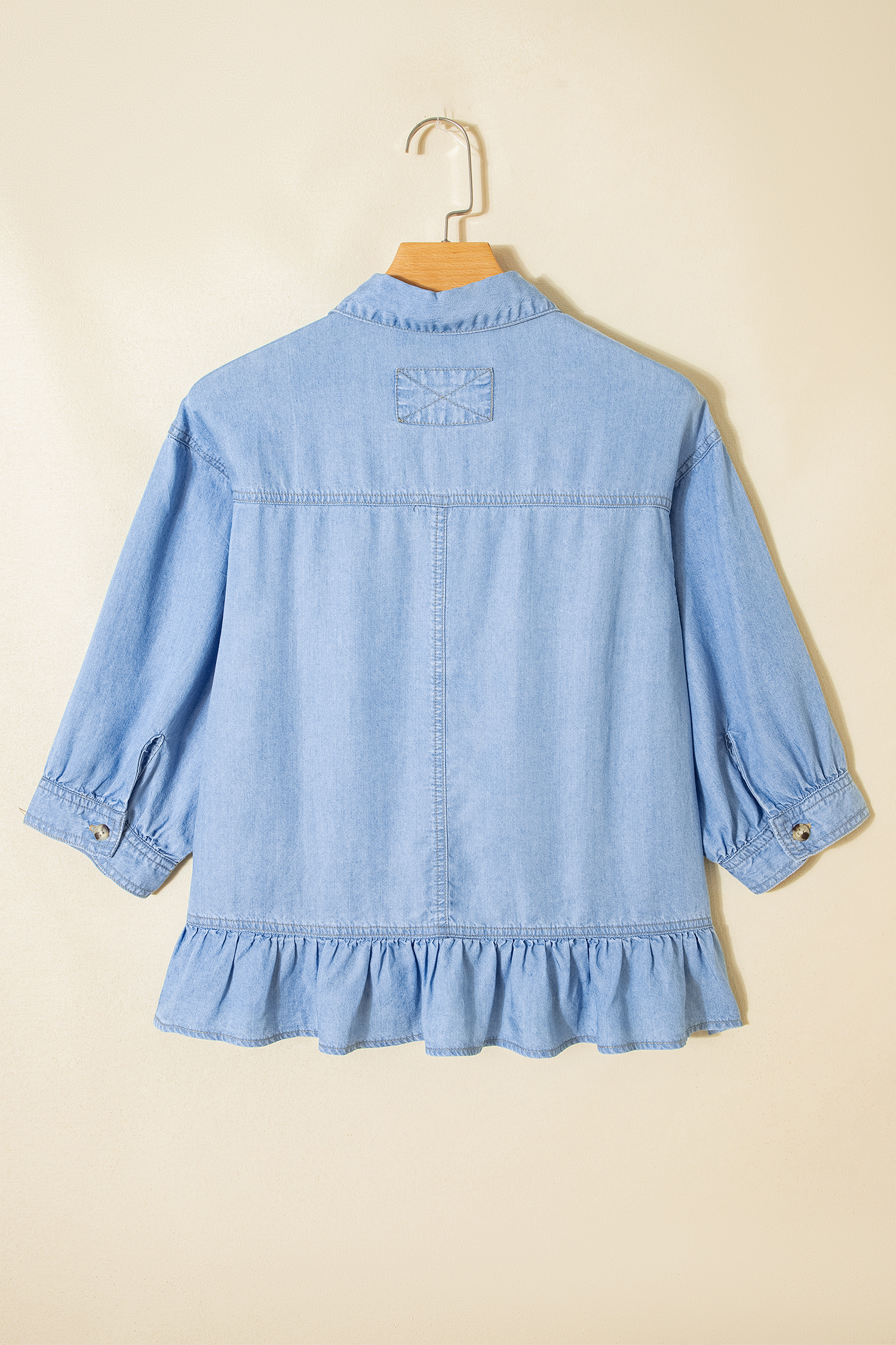 Beau Blue Half Sleeve Button Down Ruffled High Low Chambray Shirt - loveforevers