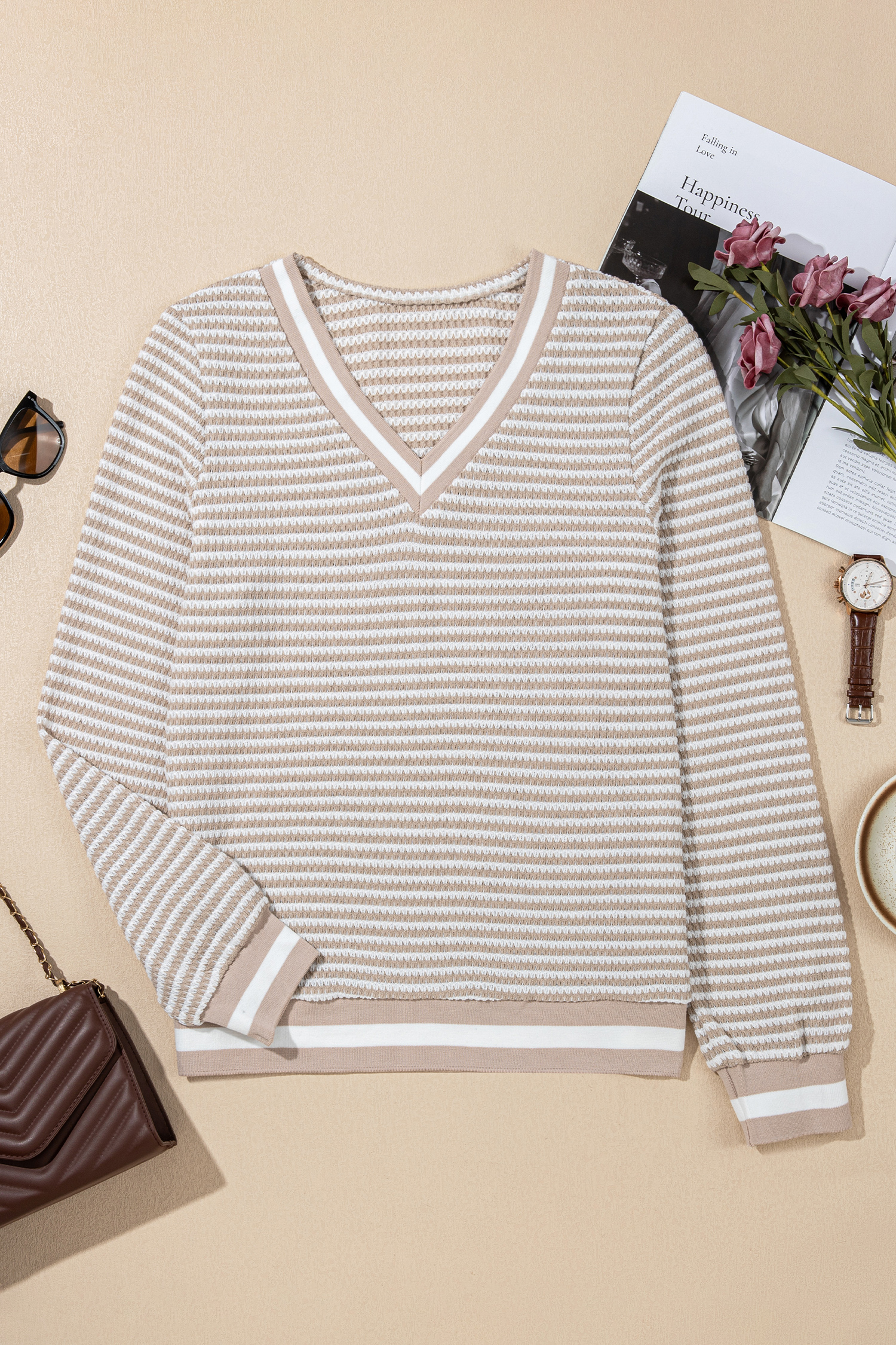 Beige Striped Textured Knit V Neck Casual Top - loveforevers