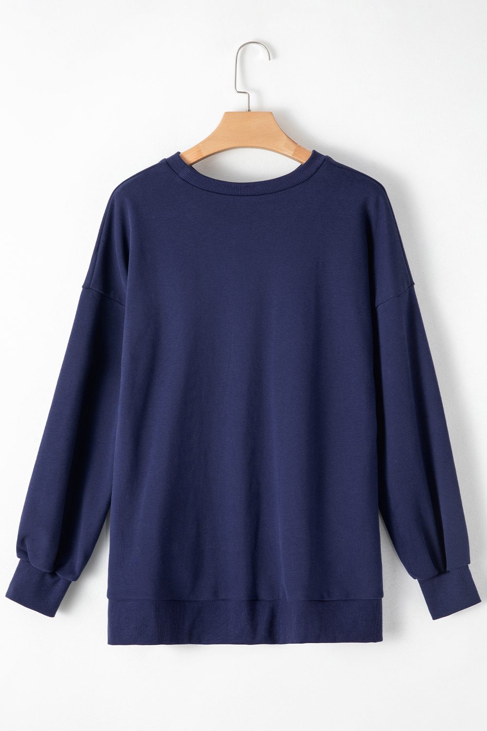 Navy Blue Solid O Neck High Low Hem Pullover Sweatshirt - loveforevers