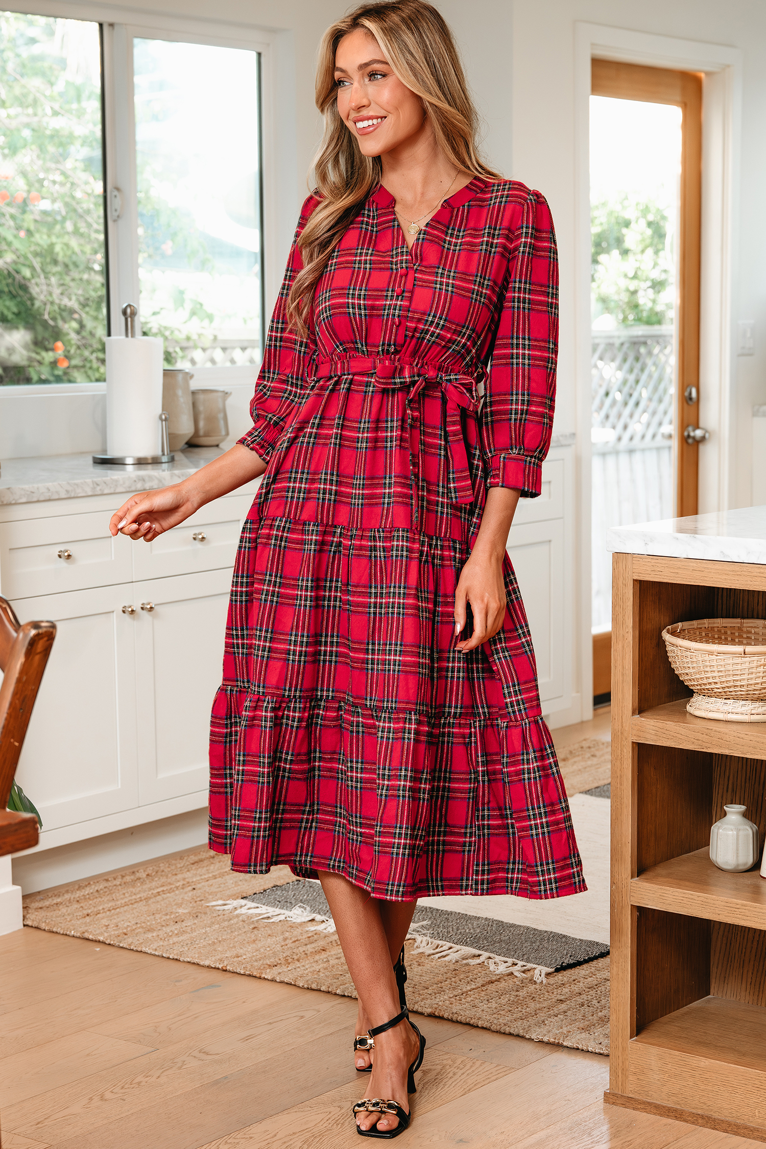 Red Christmas Plaid V Neck 3/4 Sleeve Tie Waist Ruffle Hem Long Dress - loveforevers