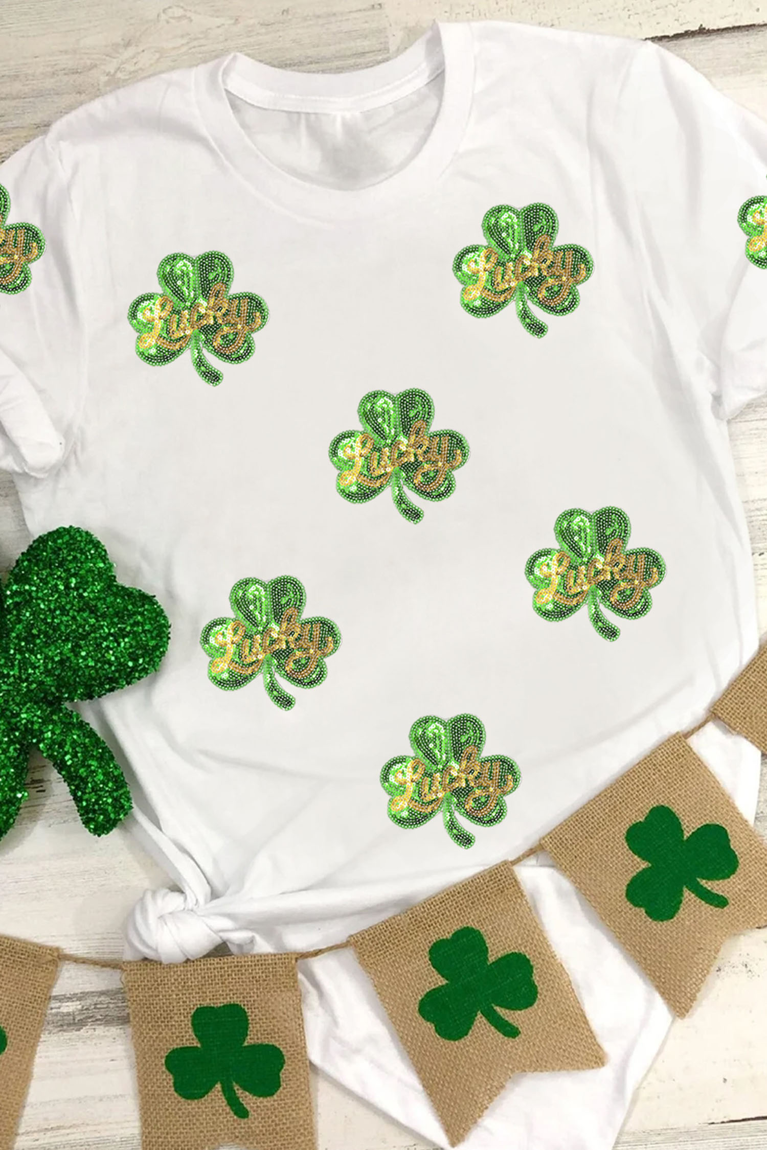 White Sequin Lucky Clover Patched Casual Round Neck Tee - loveforevers