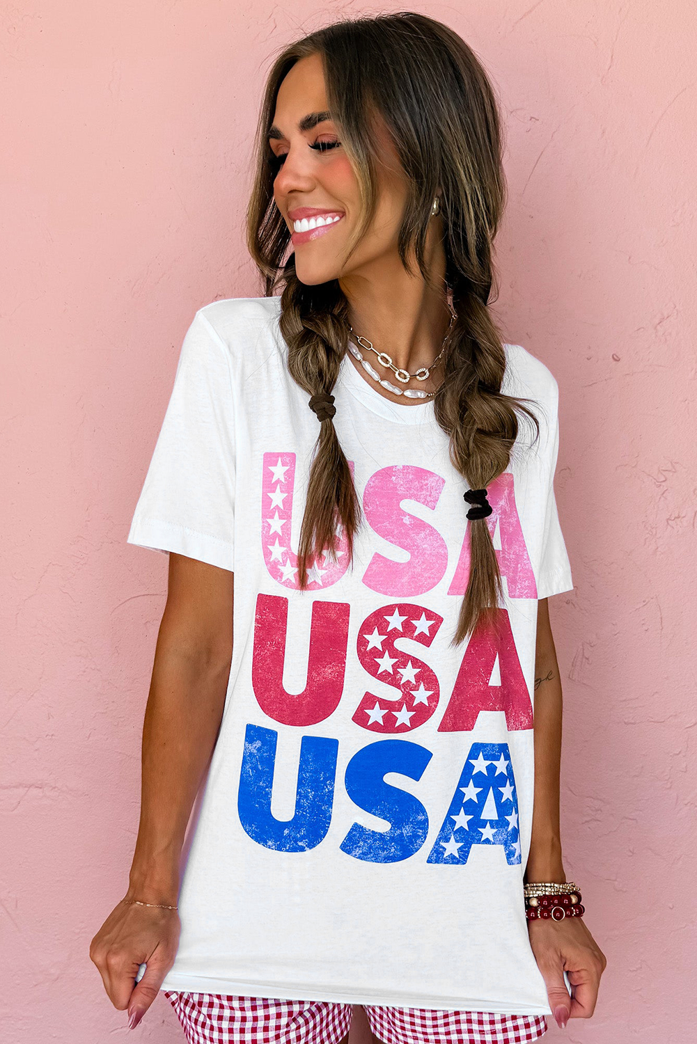 White USA Starry Letter Graphic Cotton Blend T Shirt - loveforevers