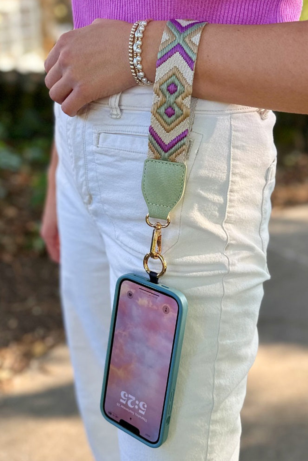 Sea Green Geometric Printed Phone Strap And Detachable Zipped Pouch - loveforevers