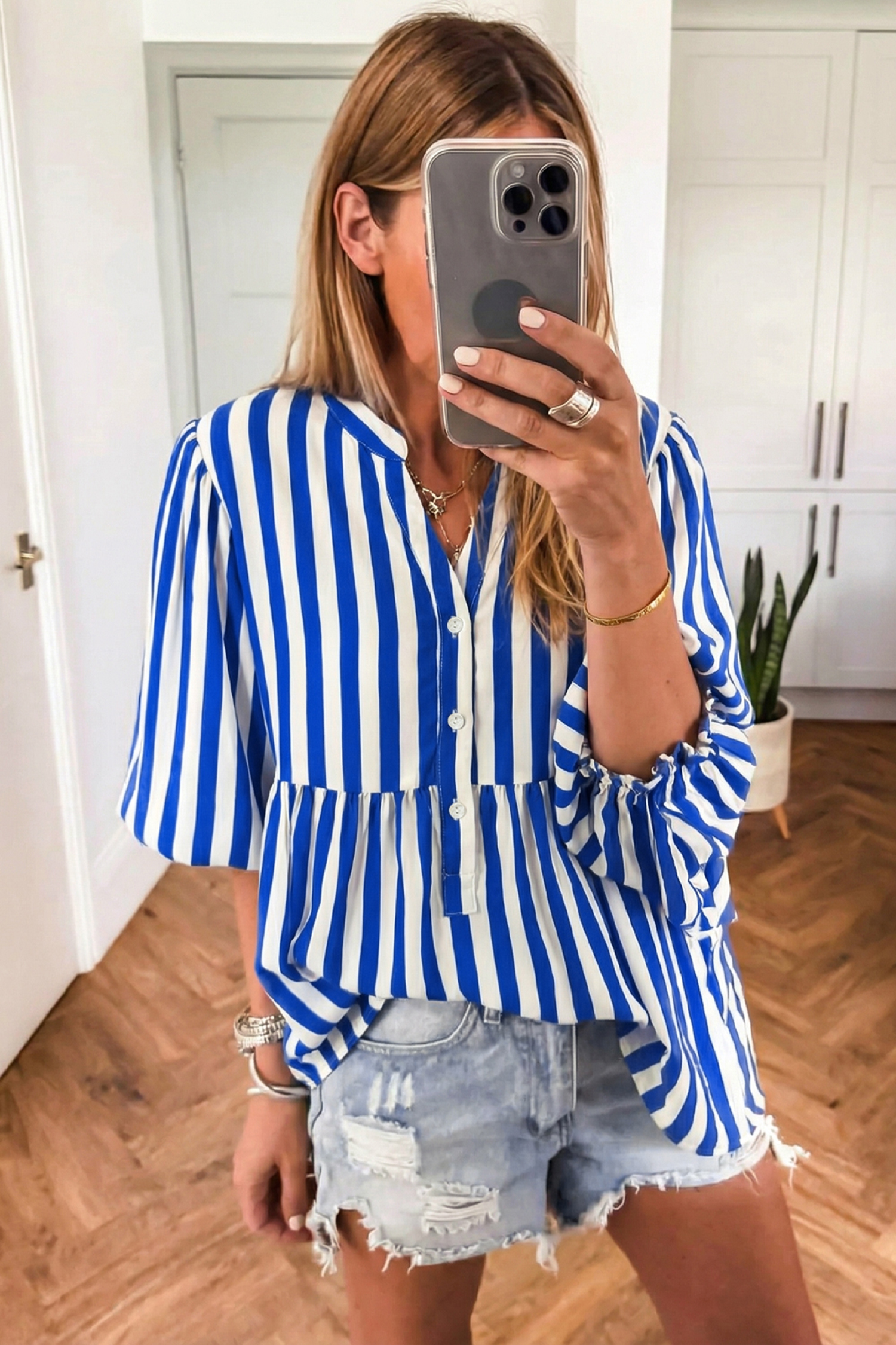 Sky Blue Stripe Balloon Sleeve Loose Button up Shirt - loveforevers
