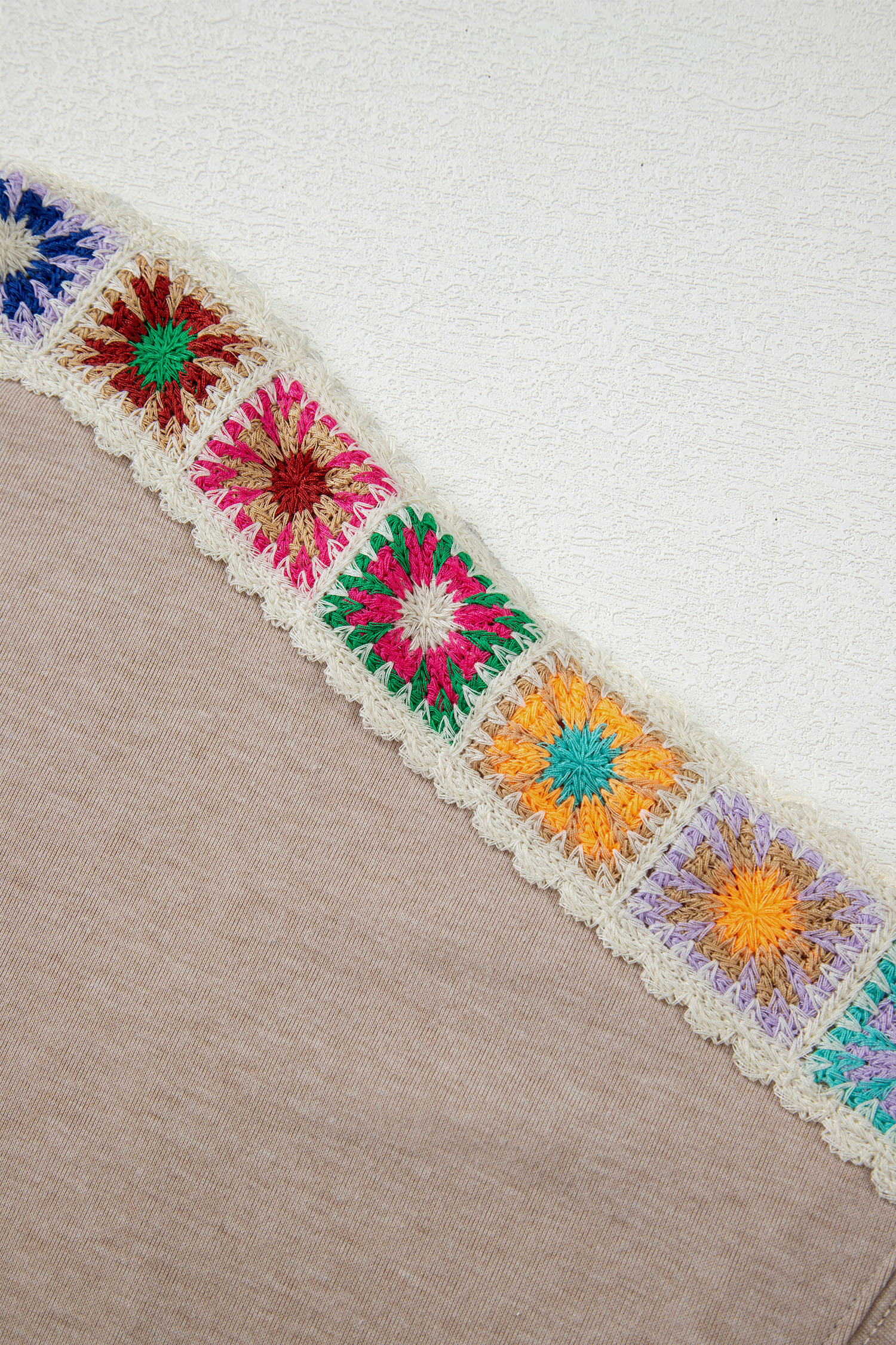 Light Grey Granny Square Crochet Detail Loose T Shirt - loveforevers