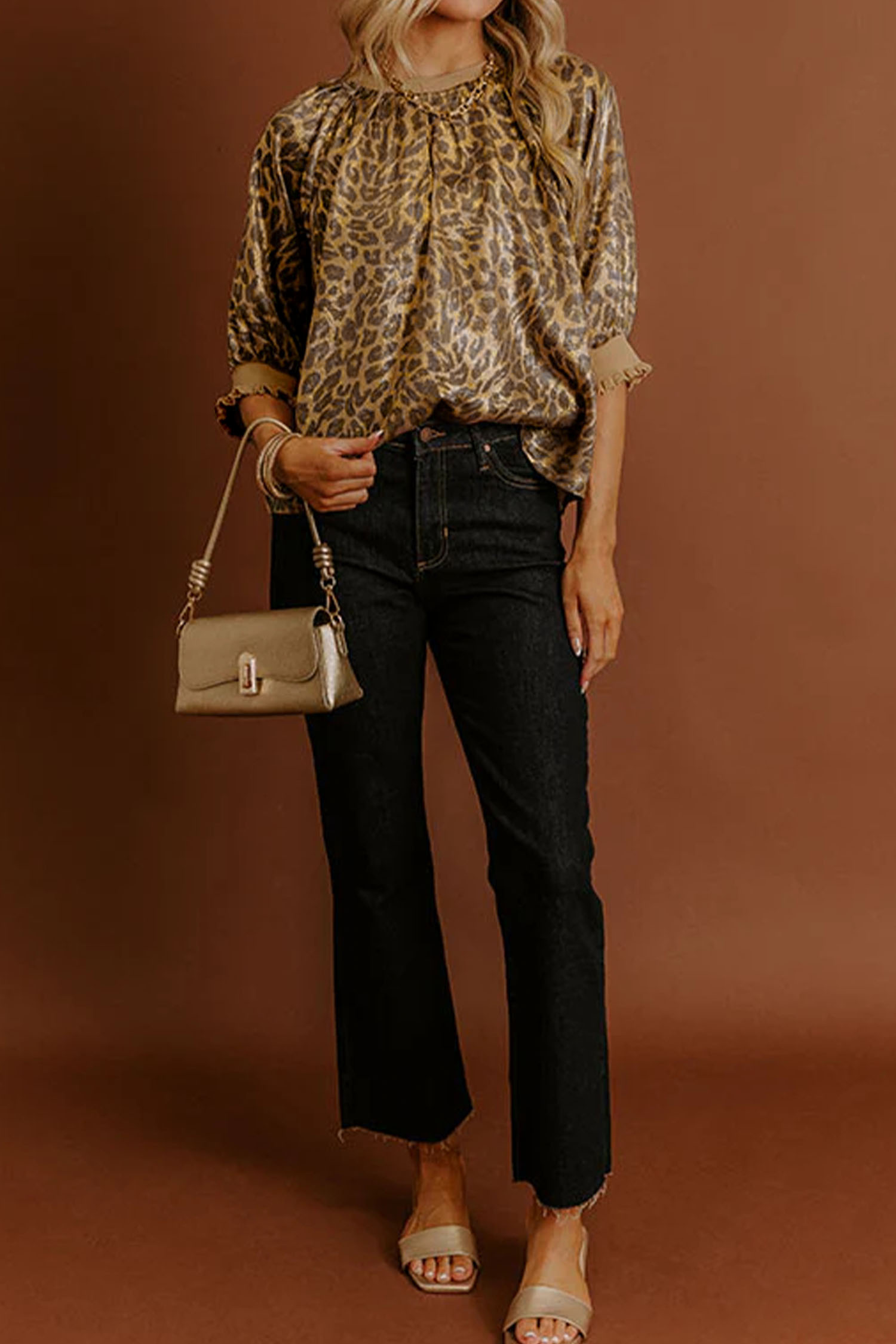 Gold  Half Sleeve Metallic Leopard Print Blouse - loveforevers