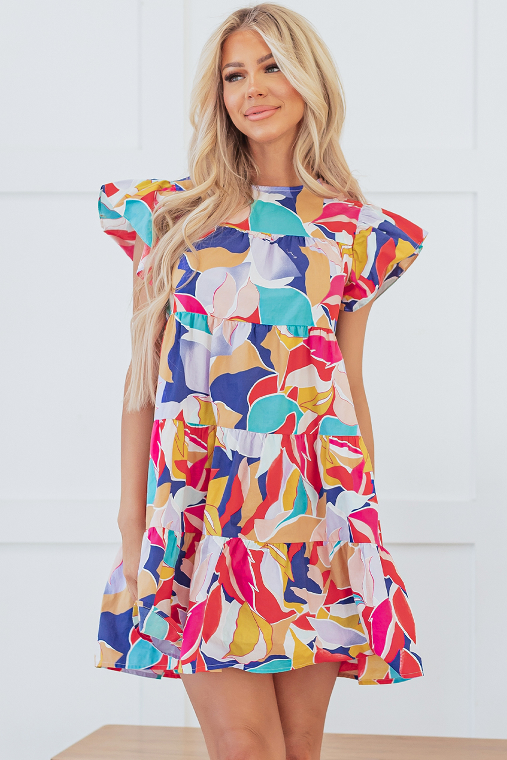 Pink Abstract Printed Ruffled Flutter Sleeve Tiered Mini Dress - loveforevers