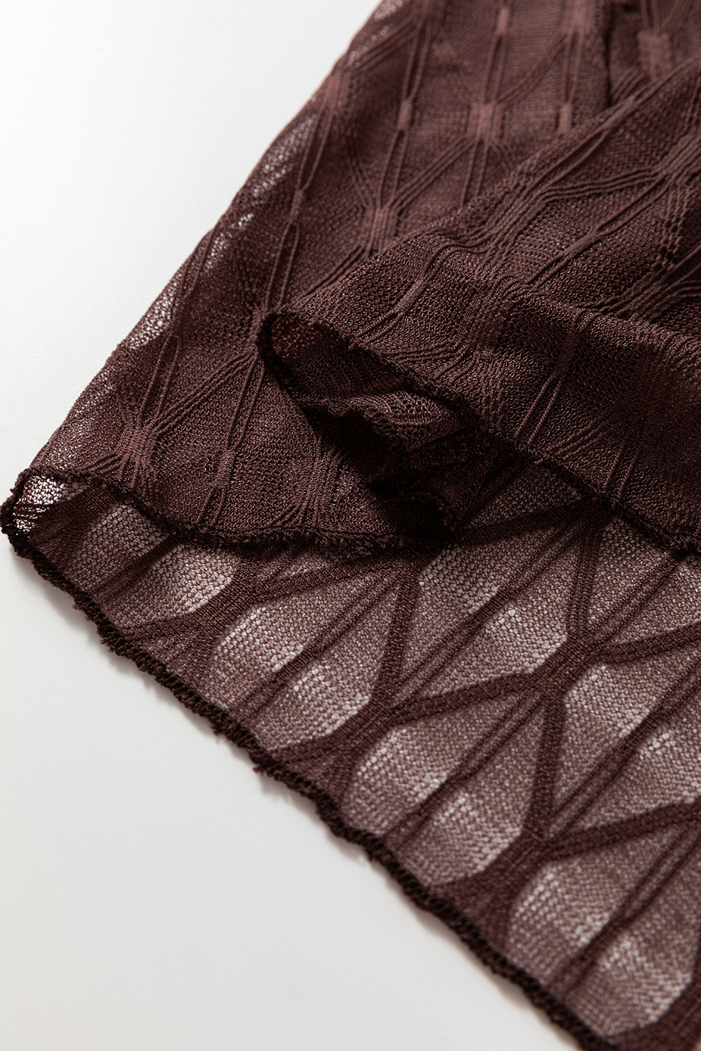 Coffee Sheer Mesh Patterned Lettuce Trim Slim Long Sleeve Top - loveforevers