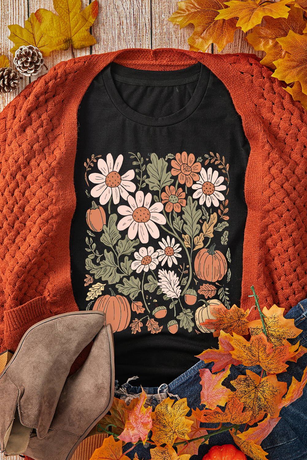 Black Wild Flower Pumpkin Print T Shirt - loveforevers