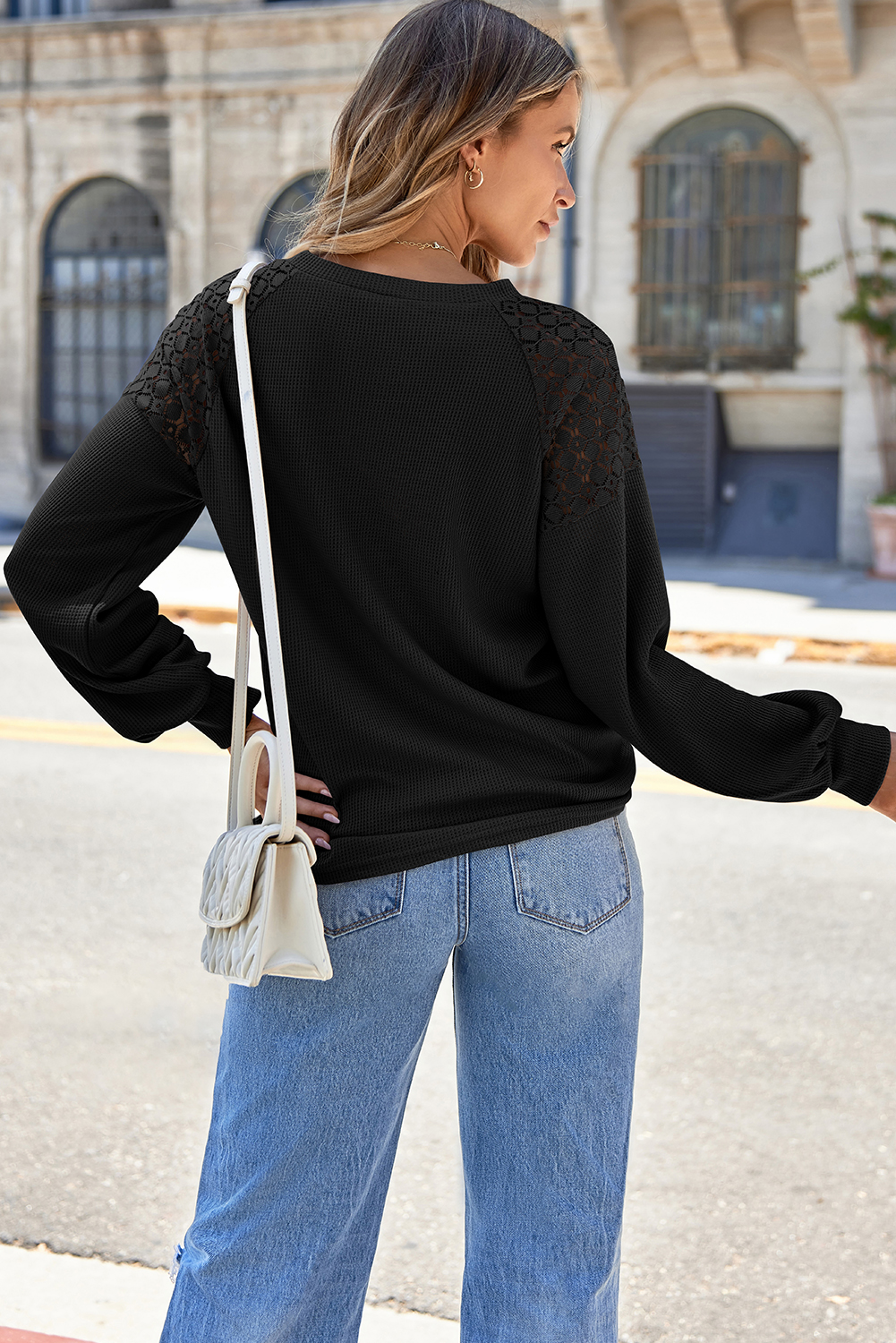 White Lace Long Sleeve Textured Pullover - loveforevers